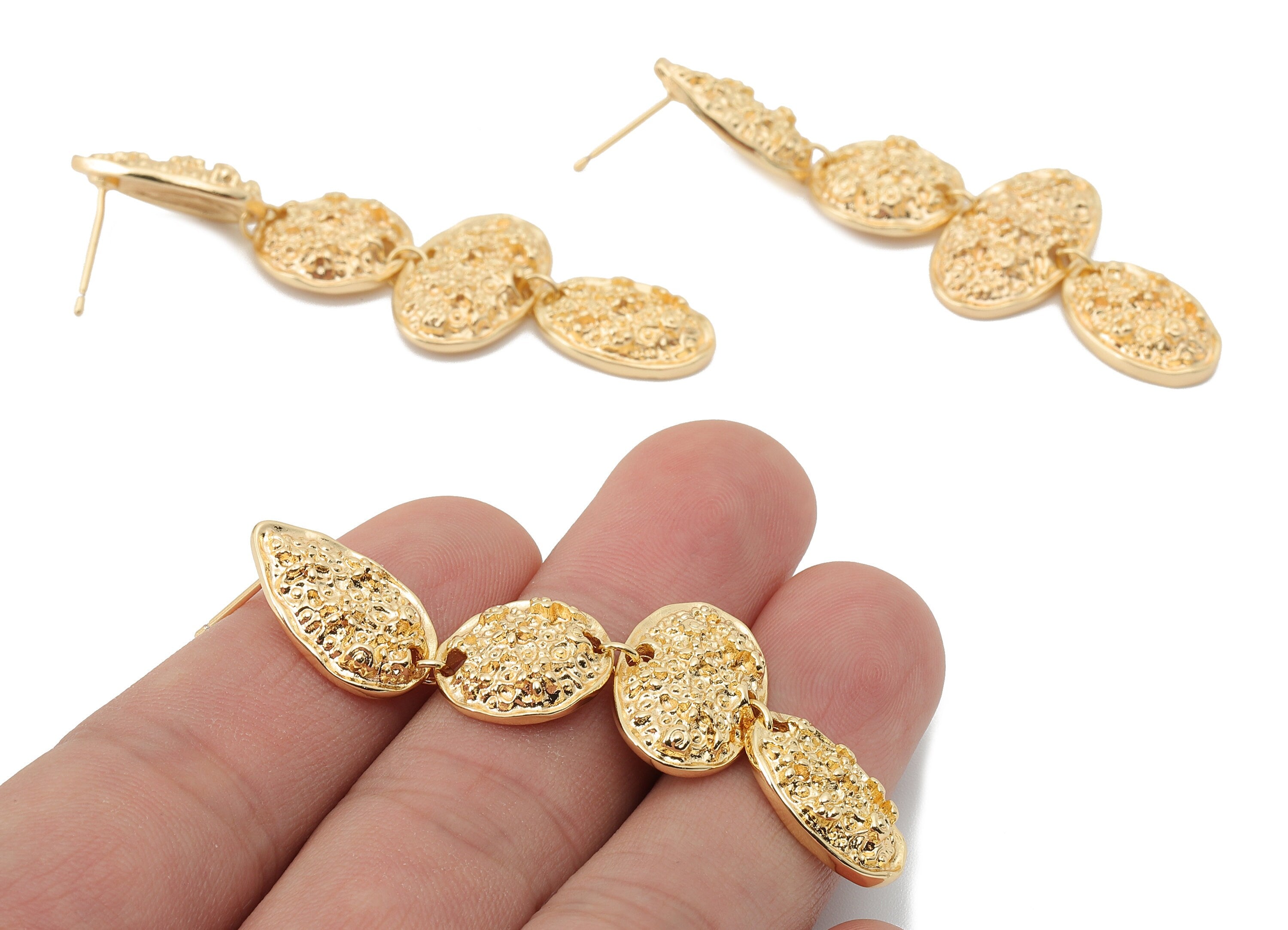 Brass Drop Earring Post -Brass Textured Irregular Stud - Hanging Mini Flower Earring Stud - 18K Real Gold Plating -63.6x 19.55x2.3mm-RGP5856 - DOMEDBAZAAR