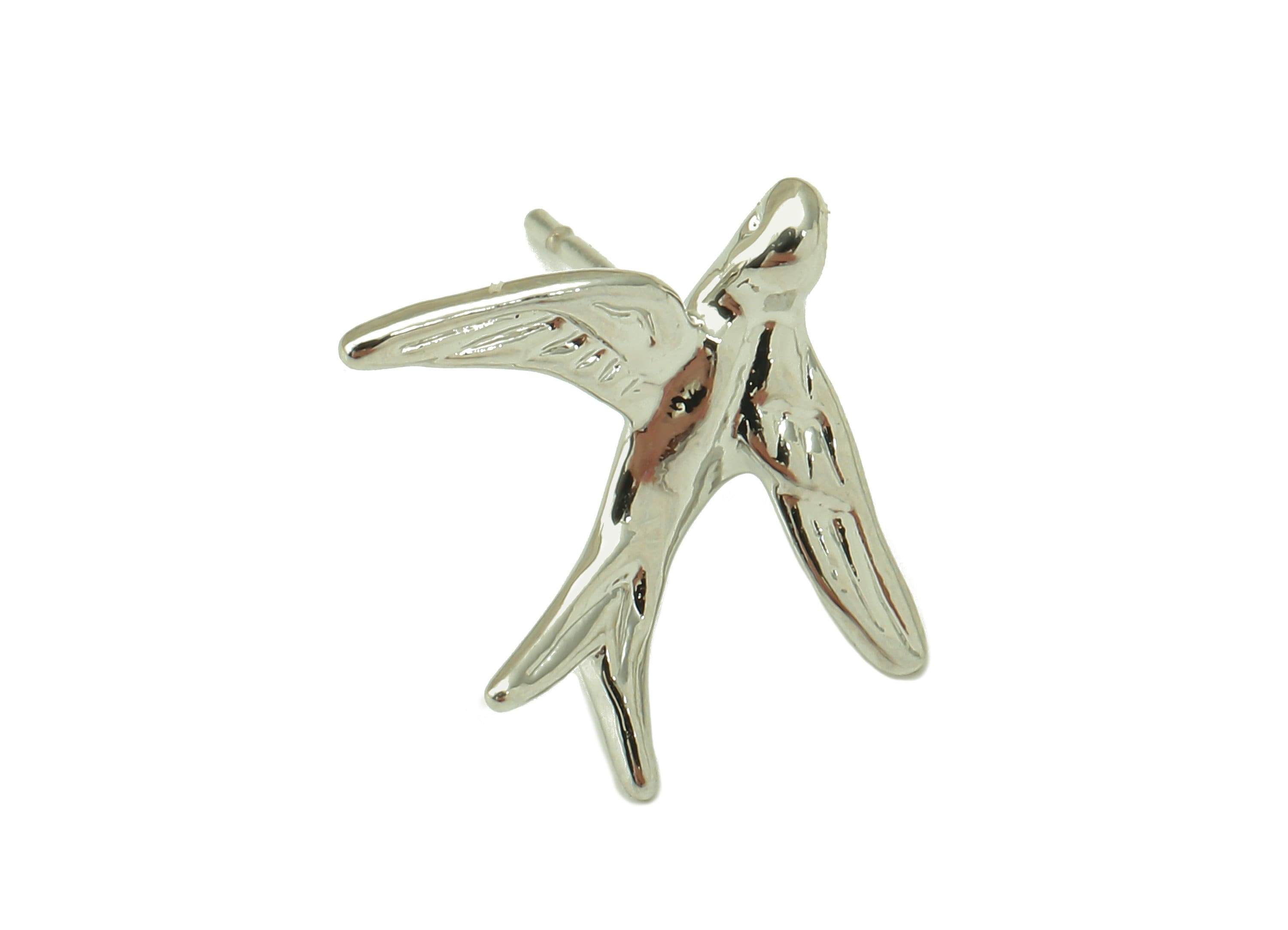Silver Fly Bird Earring - Brass Swallow Stud Earring - Animal Earring Post -18K Real White Gold-Plated Brass - 16.6x14.5x1.9mm- RGP5915S - DOMEDBAZAAR