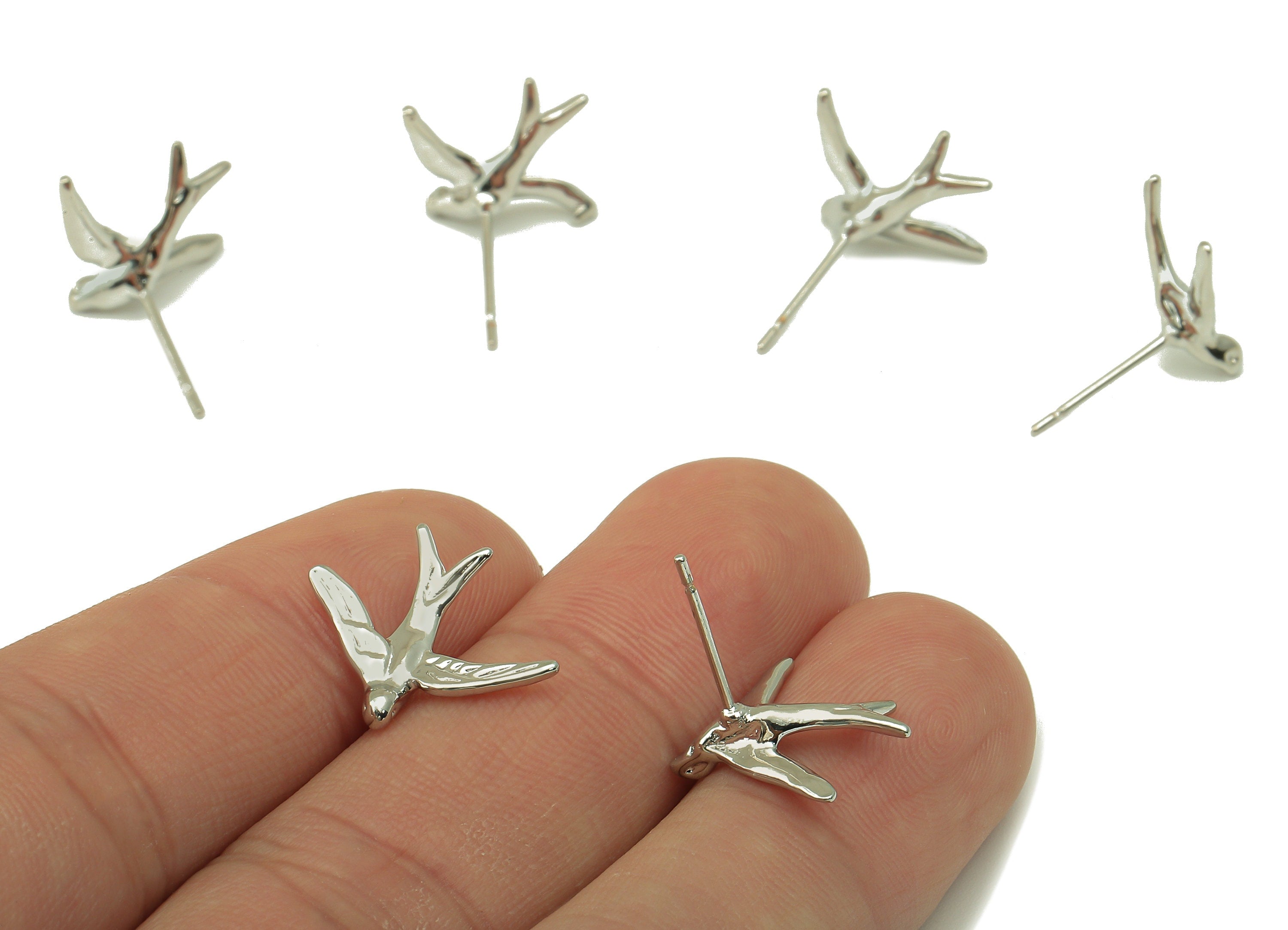 Silver Fly Bird Earring - Brass Swallow Stud Earring - Animal Earring Post -18K Real White Gold-Plated Brass - 16.6x14.5x1.9mm- RGP5915S - DOMEDBAZAAR