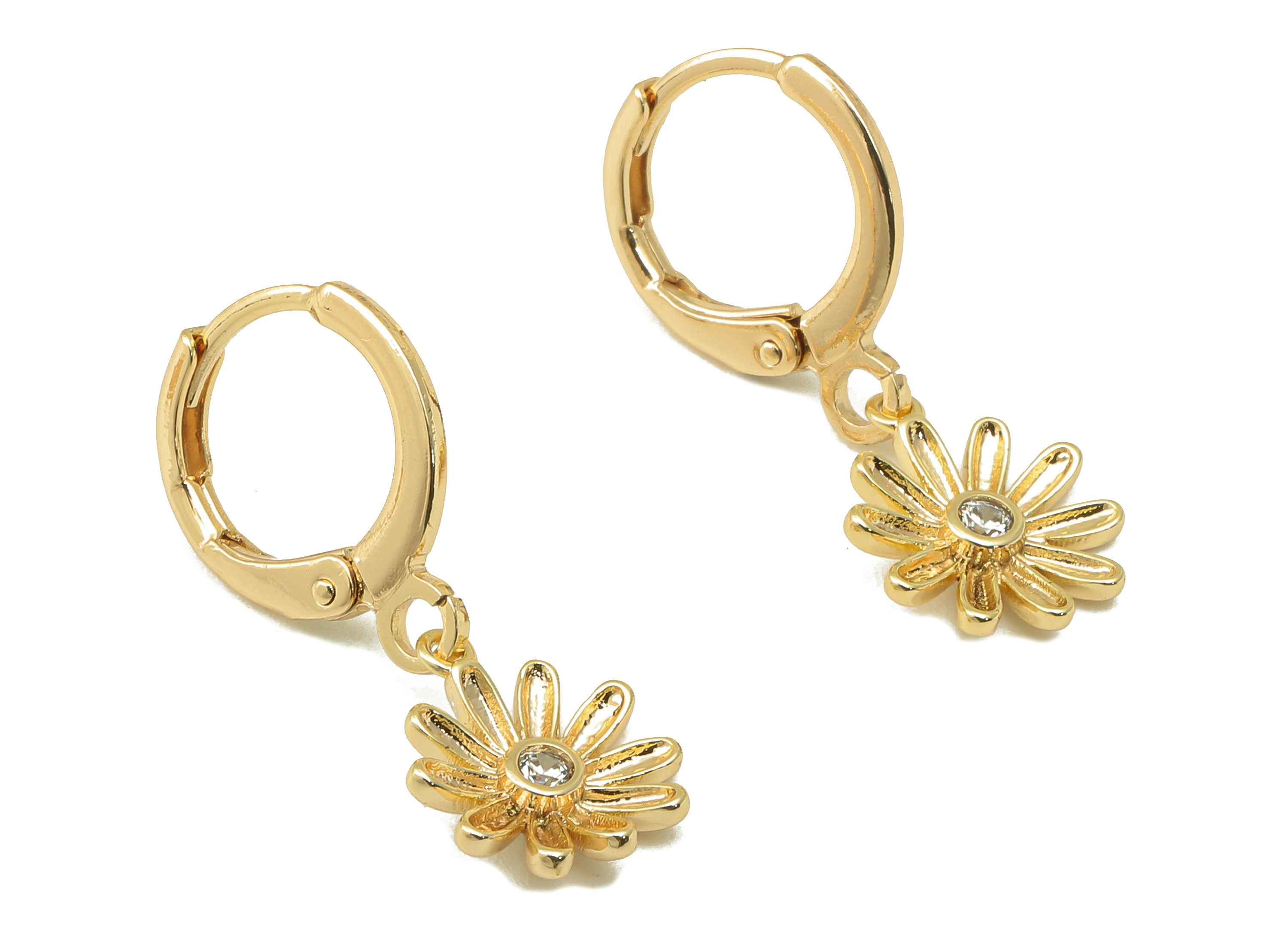 Brass Clasp Earring - Brass CZ Flower Lever back Earring Huggie - Cubic Zirconia Daisy Hoop- 18K Real Gold Plating - 25x11x1.75mm - RGP6061 - DOMEDBAZAAR