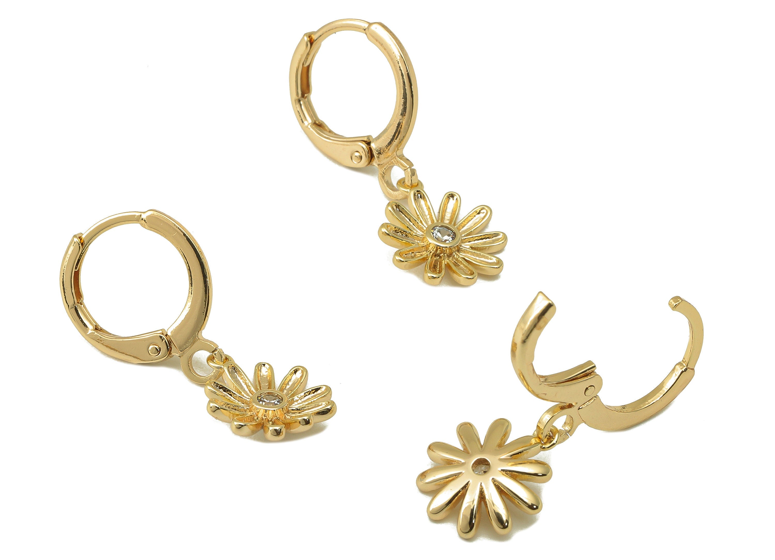 Brass Clasp Earring - Brass CZ Flower Lever back Earring Huggie - Cubic Zirconia Daisy Hoop- 18K Real Gold Plating - 25x11x1.75mm - RGP6061 - DOMEDBAZAAR