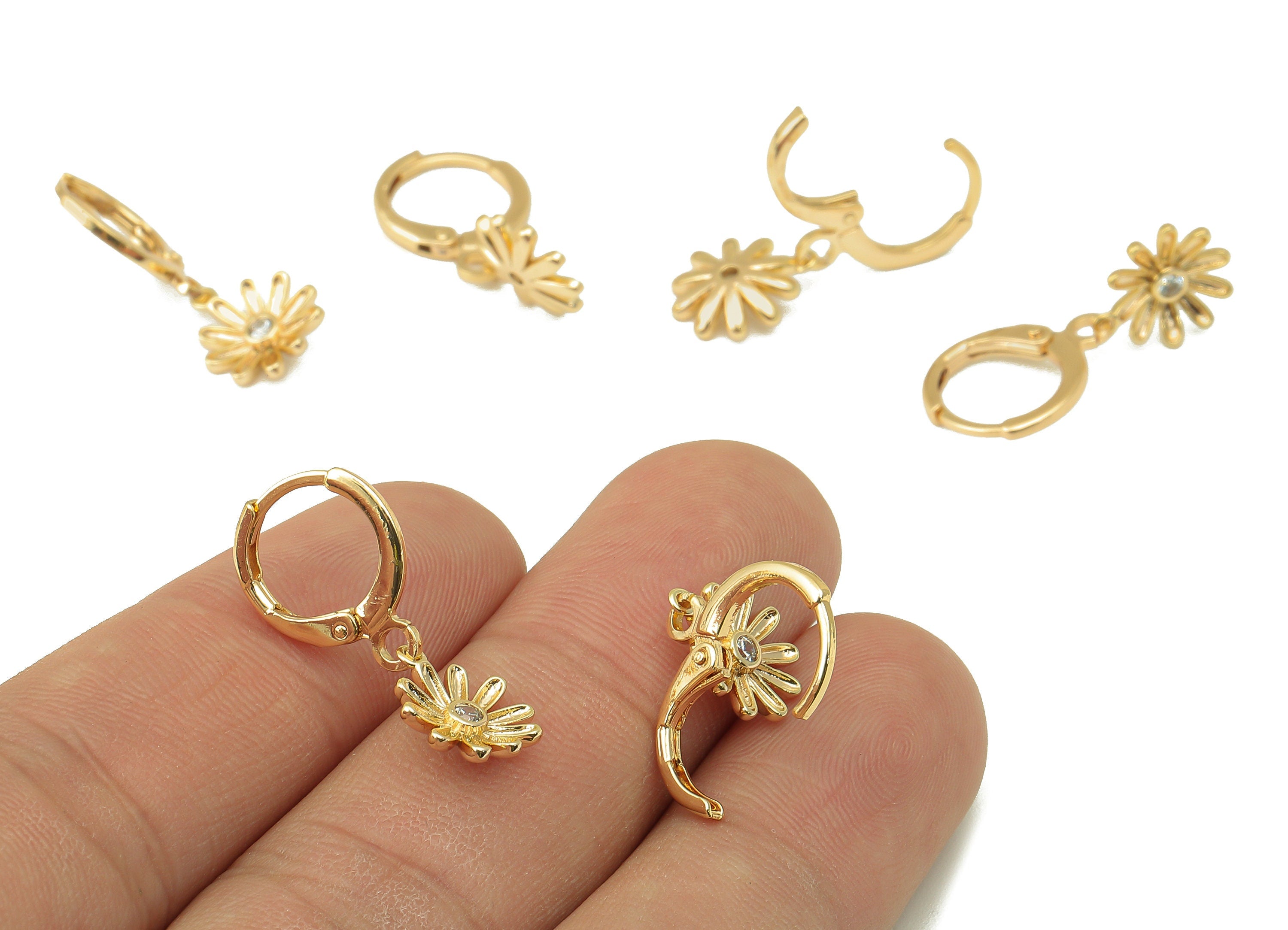 Brass Clasp Earring - Brass CZ Flower Lever back Earring Huggie - Cubic Zirconia Daisy Hoop- 18K Real Gold Plating - 25x11x1.75mm - RGP6061 - DOMEDBAZAAR
