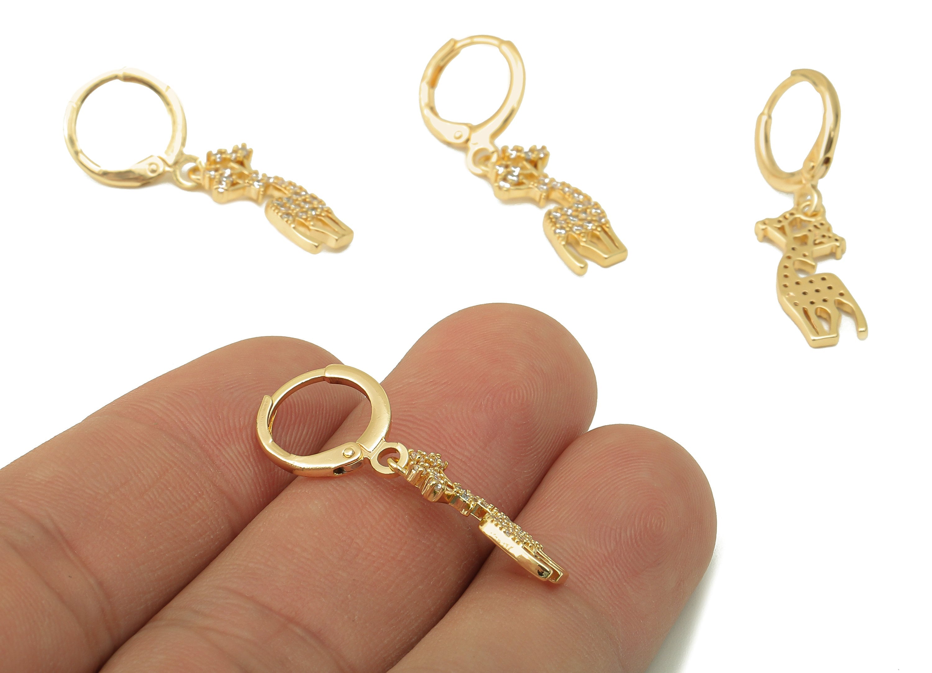Brass Clasp Earring - Brass CZ Sika Deer Lever back Earring Huggie - Cubic Zirconia Deer Hoop- 18K Real Gold Plating - 31x11x1.6mm - RGP6063 - DOMEDBAZAAR