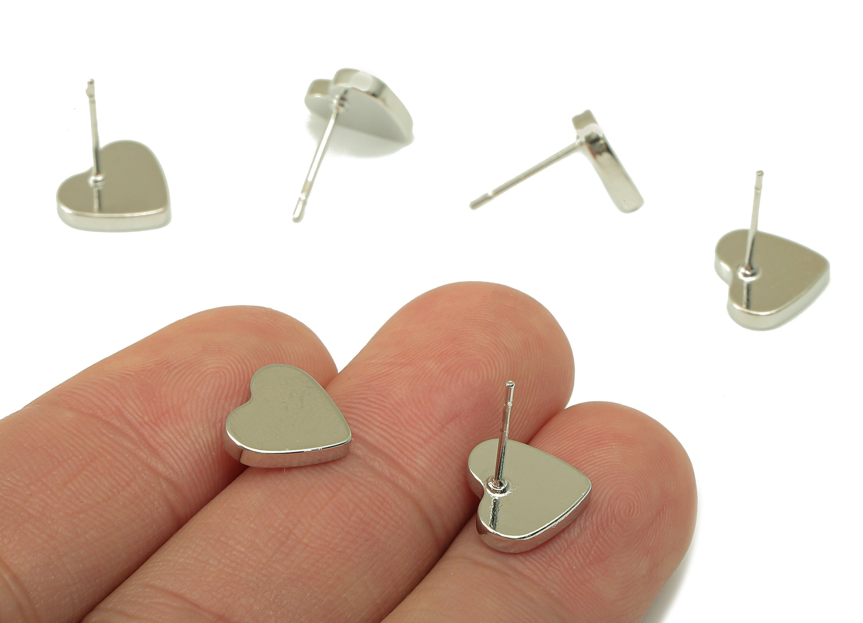 Silver Love Heart Stud - Smooth Silvery Cute Heart Post - Cubic Heart Stud Earring - 18K Real White Gold Plated - 10x 11.2 x 1.9mm- RGP5916S - DOMEDBAZAAR