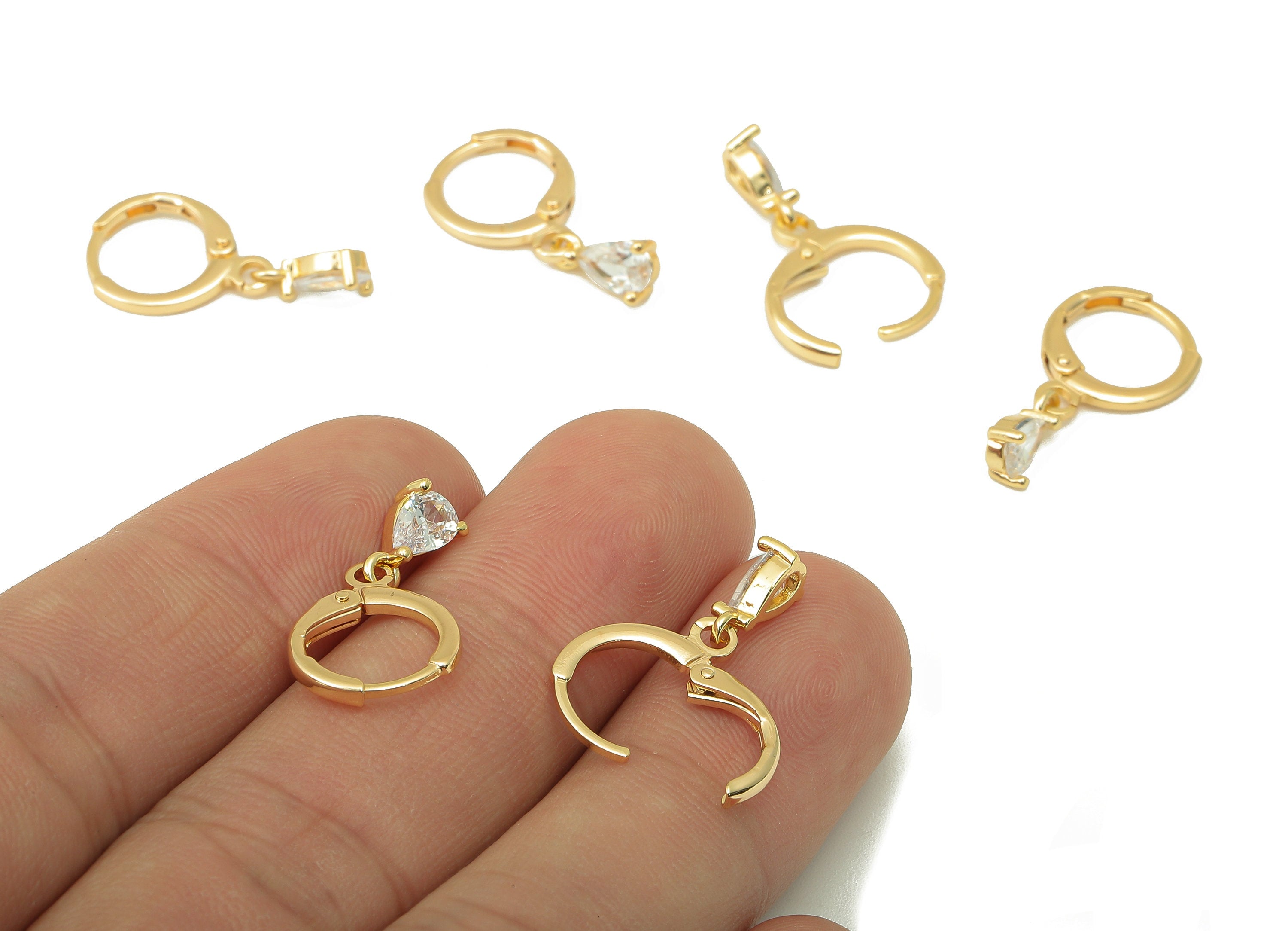 Brass Clasp Earring - Brass CZ Teardrop Lever back Earring Huggie - Cubic Zirconia Drop Hoop- 18K Real Gold Plating - 21.56x11x3mm - RGP6065 - DOMEDBAZAAR
