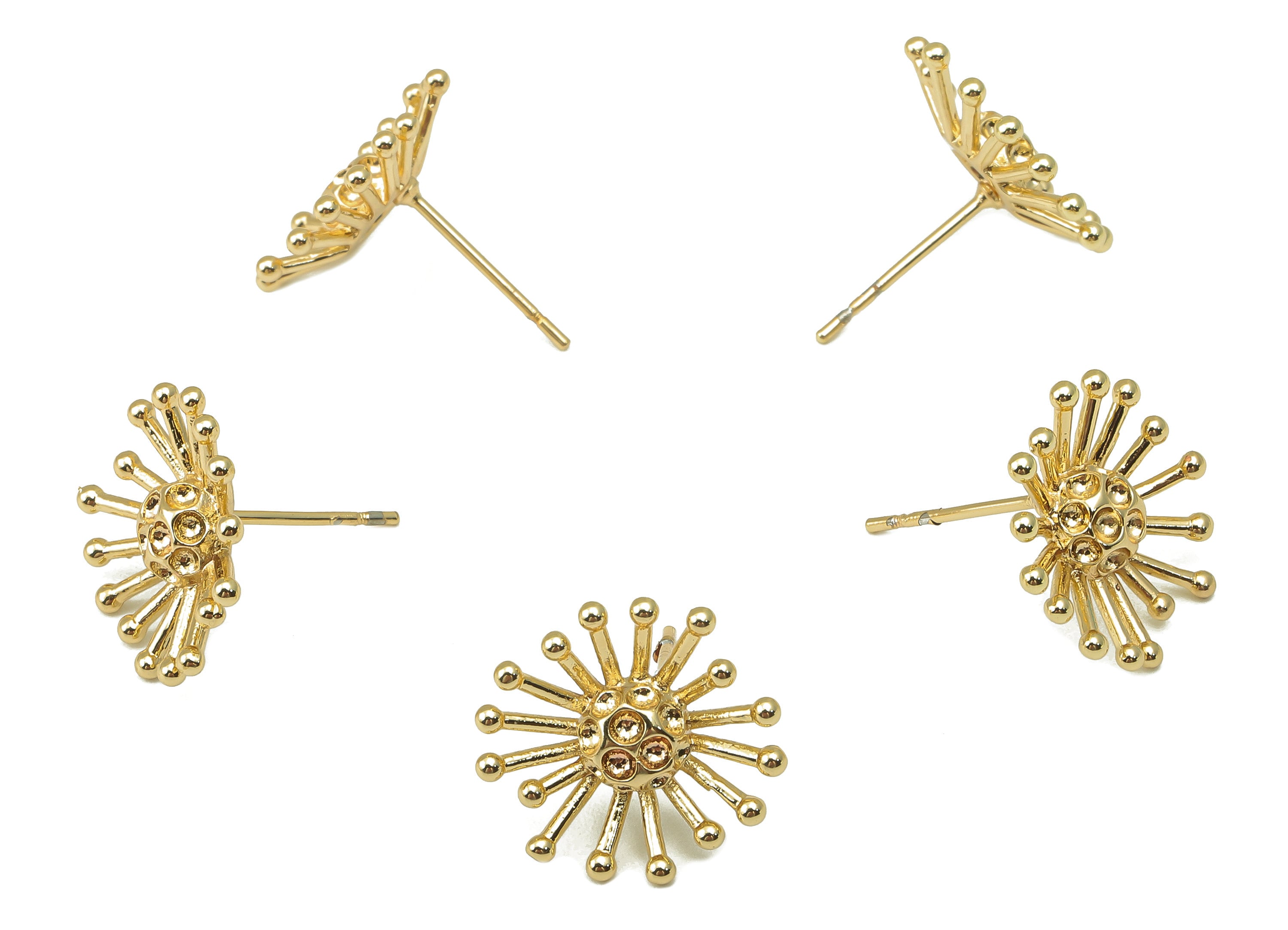 Brass Dandelion Stud - Blooming Flower Earring Post - Botanical Stud Earring - 18K Real Gold Plated -15.2x14.7x1.9mm- RGP5917G - DOMEDBAZAAR