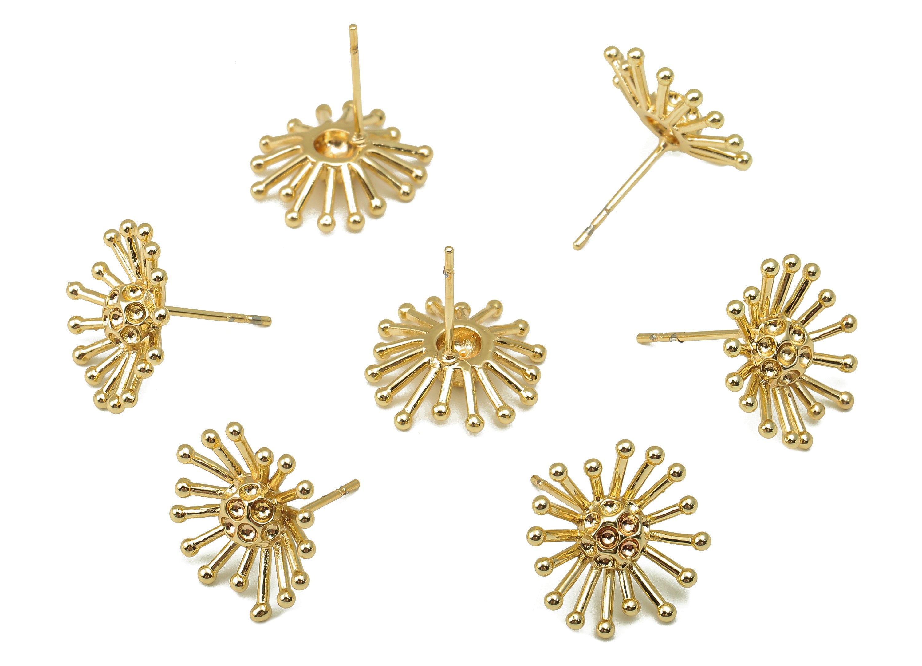 Brass Dandelion Stud - Blooming Flower Earring Post - Botanical Stud Earring - 18K Real Gold Plated -15.2x14.7x1.9mm- RGP5917G - DOMEDBAZAAR