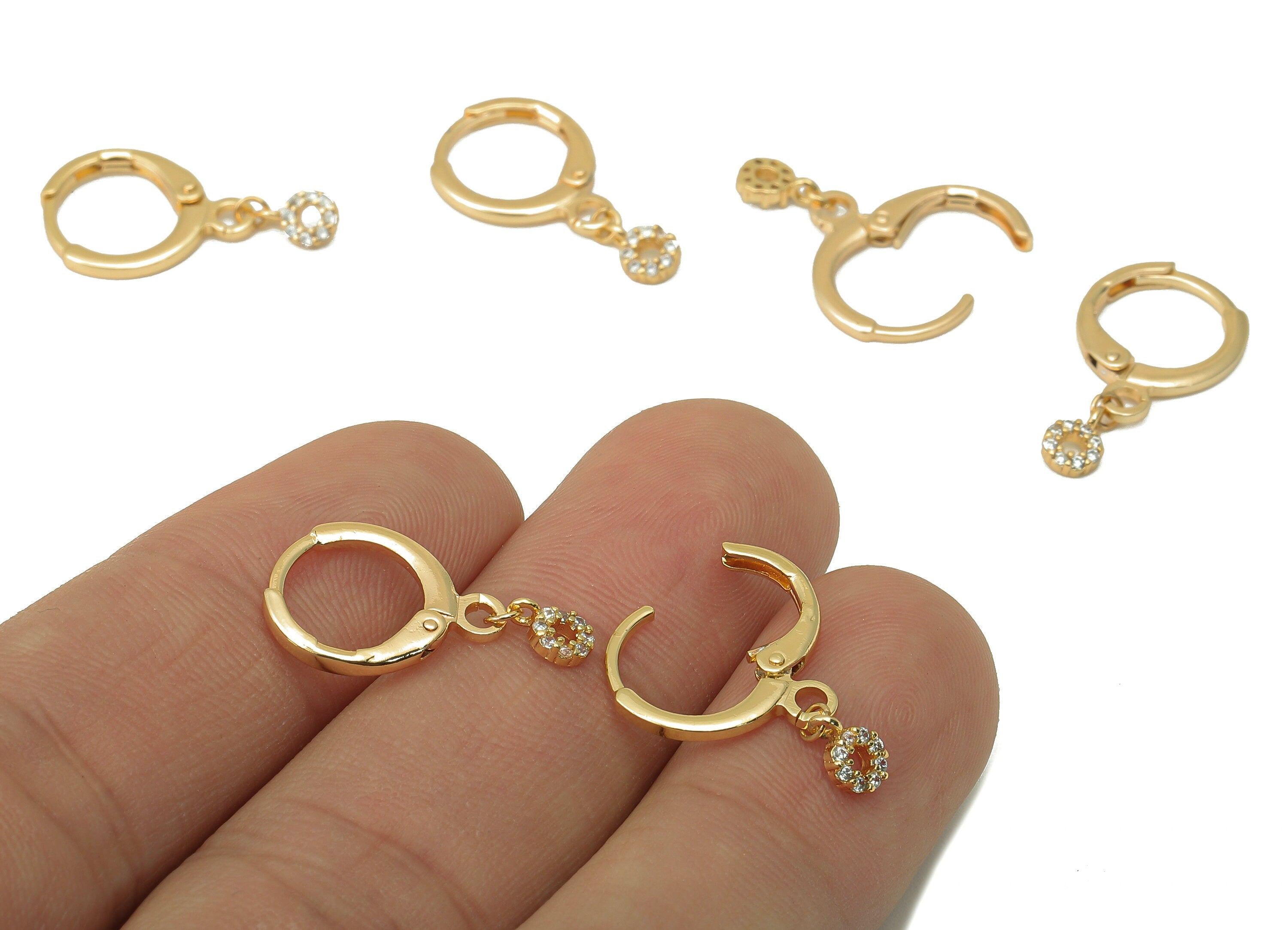 Brass Clasp Earring - Brass CZ Mini Round Lever back Earring Huggie - Cubic Zirconia Semi Hoop- 18K Real Gold Plating - 21x11x2mm - RGP6068 - DOMEDBAZAAR