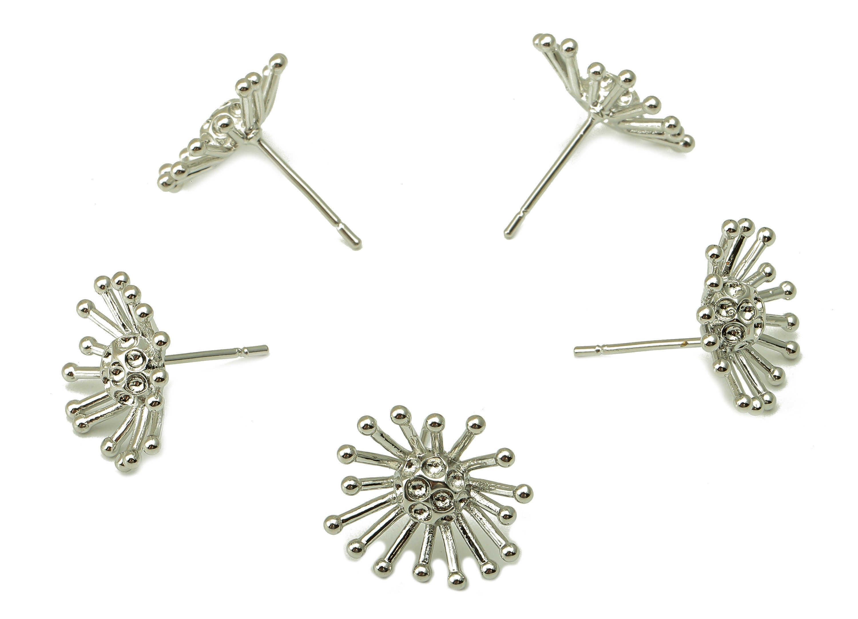 Silver Dandelion Stud - Blooming Flower Earring Post - Botanical Stud Earring - 18K Real White Gold Plated -15.2x14.7x1.9mm- RGP5917S - DOMEDBAZAAR