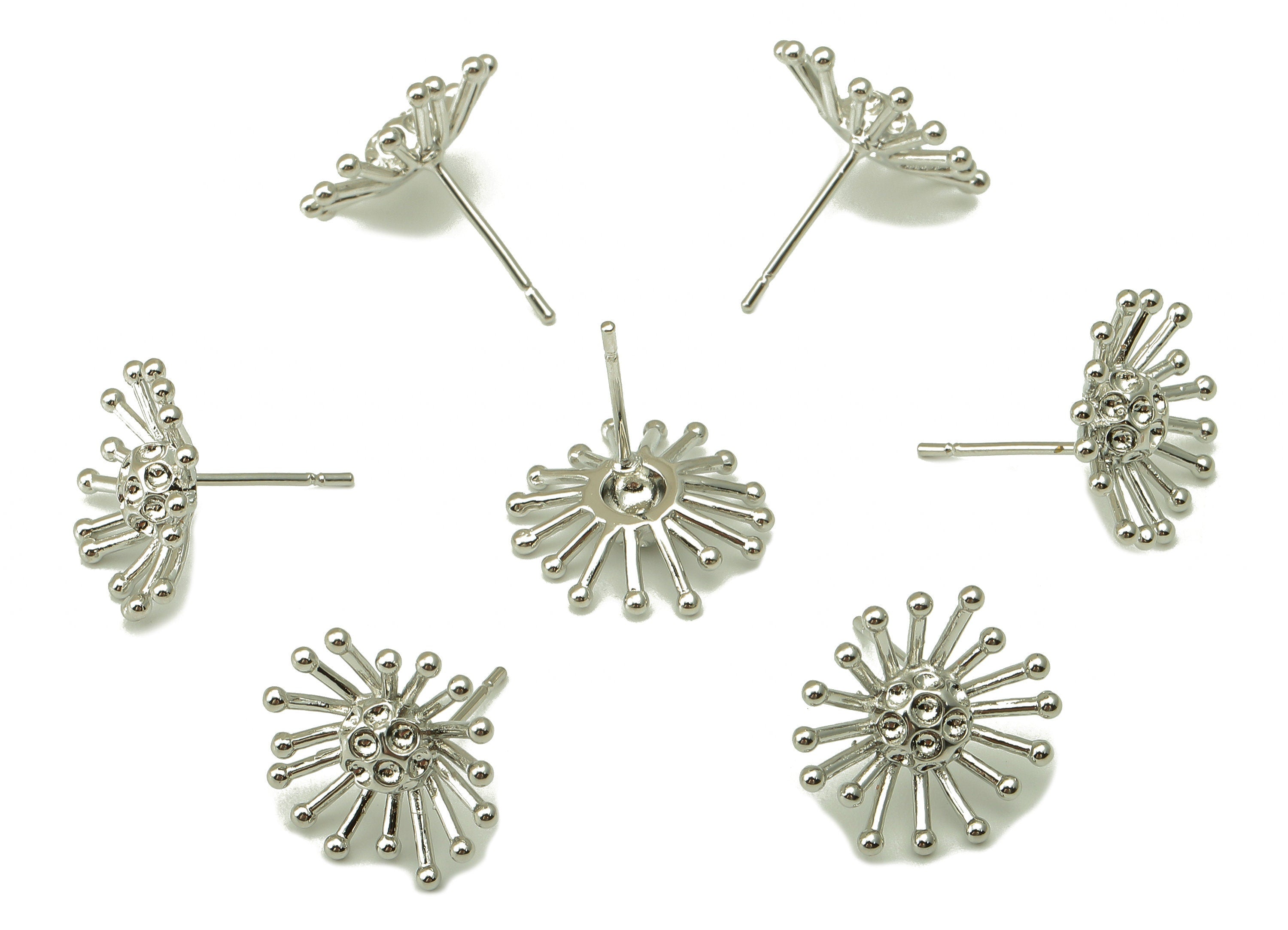 Silver Dandelion Stud - Blooming Flower Earring Post - Botanical Stud Earring - 18K Real White Gold Plated -15.2x14.7x1.9mm- RGP5917S - DOMEDBAZAAR
