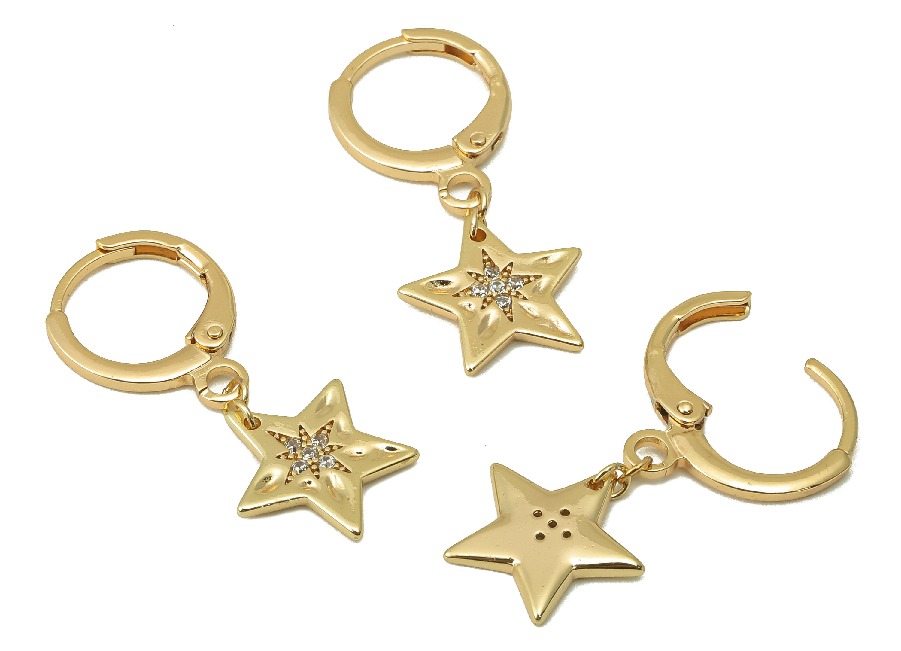 Brass Clasp Earring - CZ North Star Lever back Earring Huggie - Cubic Zirconia Star Hoop- 18K Real Gold Plating -27.36x 11x 1.27mm - RGP6071 - DOMEDBAZAAR