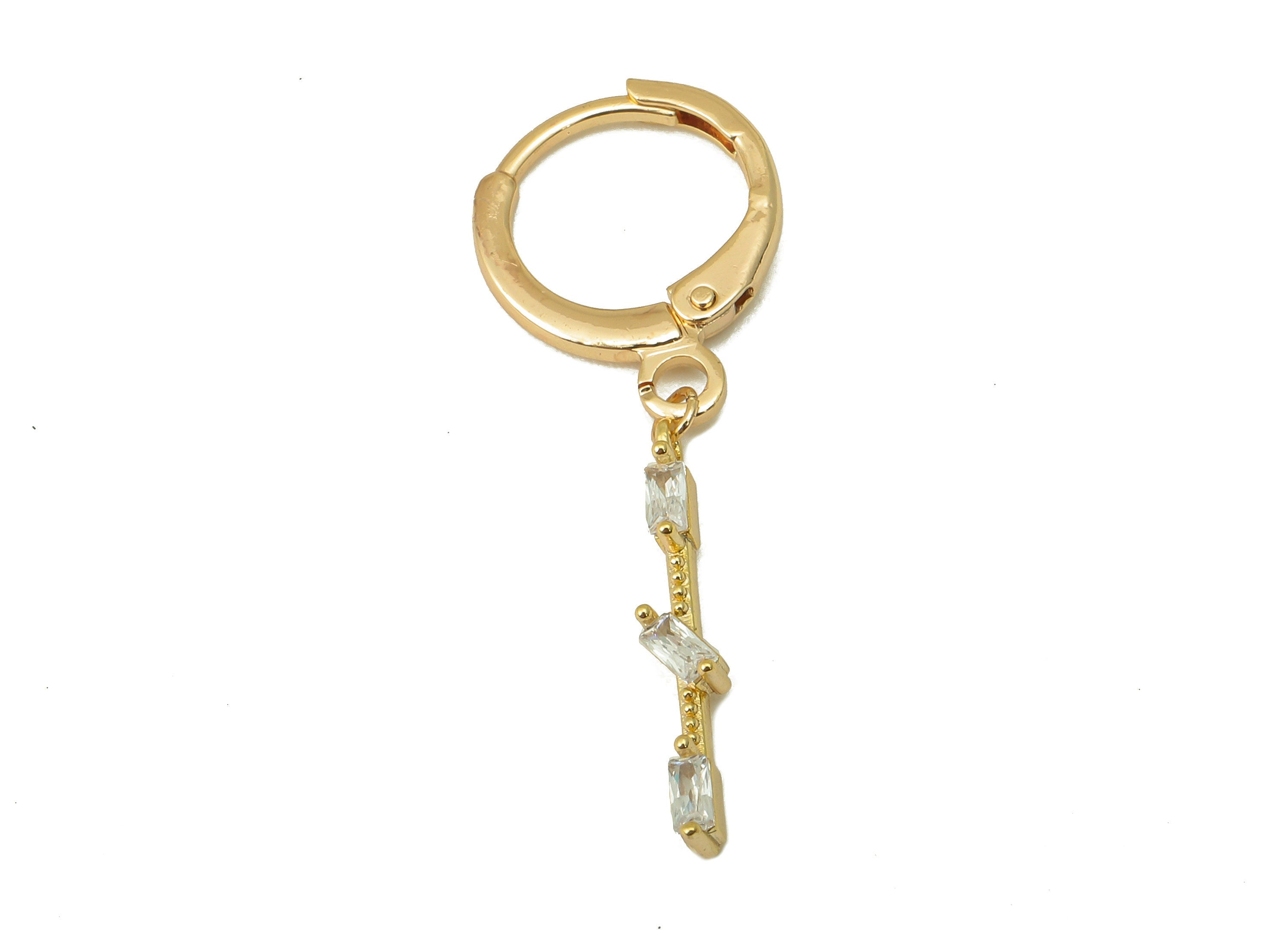 Brass Clasp Earring - CZ Emerald Lever back Earring Huggie - Cubic Zirconia Rectangle Bar Hoop- 18K Real Gold Plating -33x11x1.7mm - RGP6072 - DOMEDBAZAAR