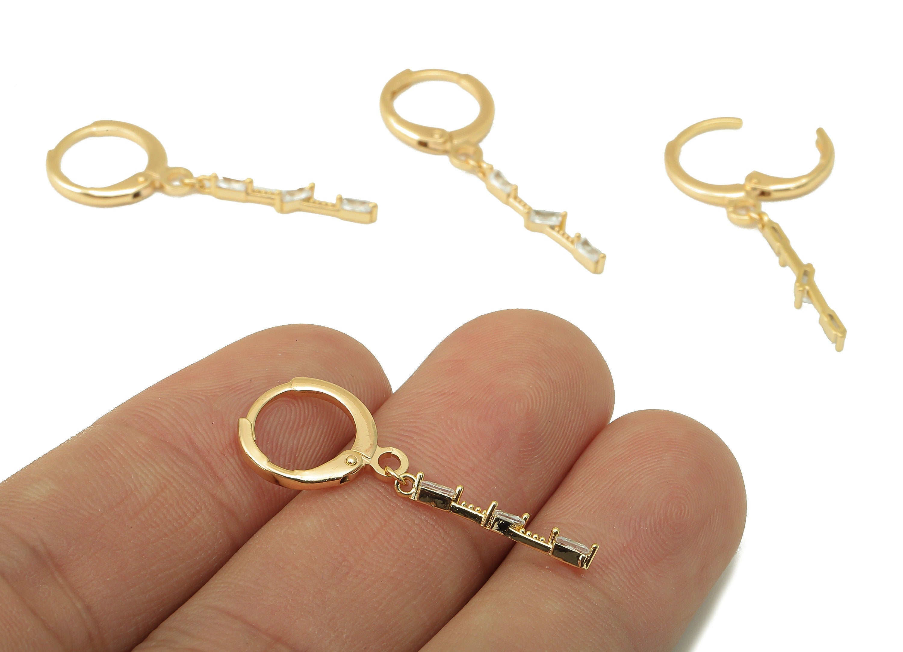 Brass Clasp Earring - CZ Emerald Lever back Earring Huggie - Cubic Zirconia Rectangle Bar Hoop- 18K Real Gold Plating -33x11x1.7mm - RGP6072 - DOMEDBAZAAR