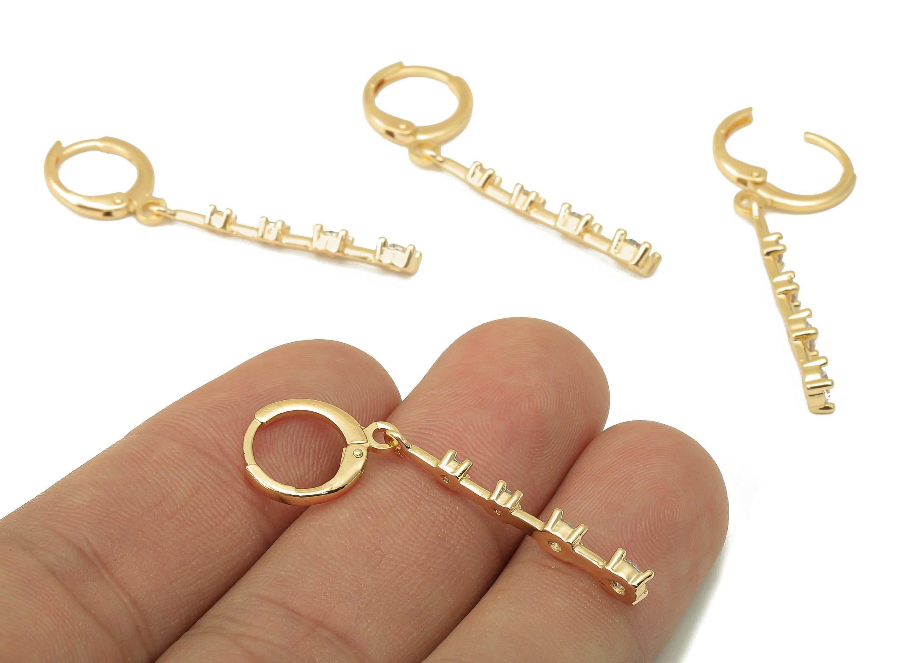 Brass Clasp Earring - CZ Solitaire Lever back Earring Huggie - Cubic Zirconia Rectangle Bar Hoop- 18K Real Gold Plating -41x11x3mm - RGP6074 - DOMEDBAZAAR