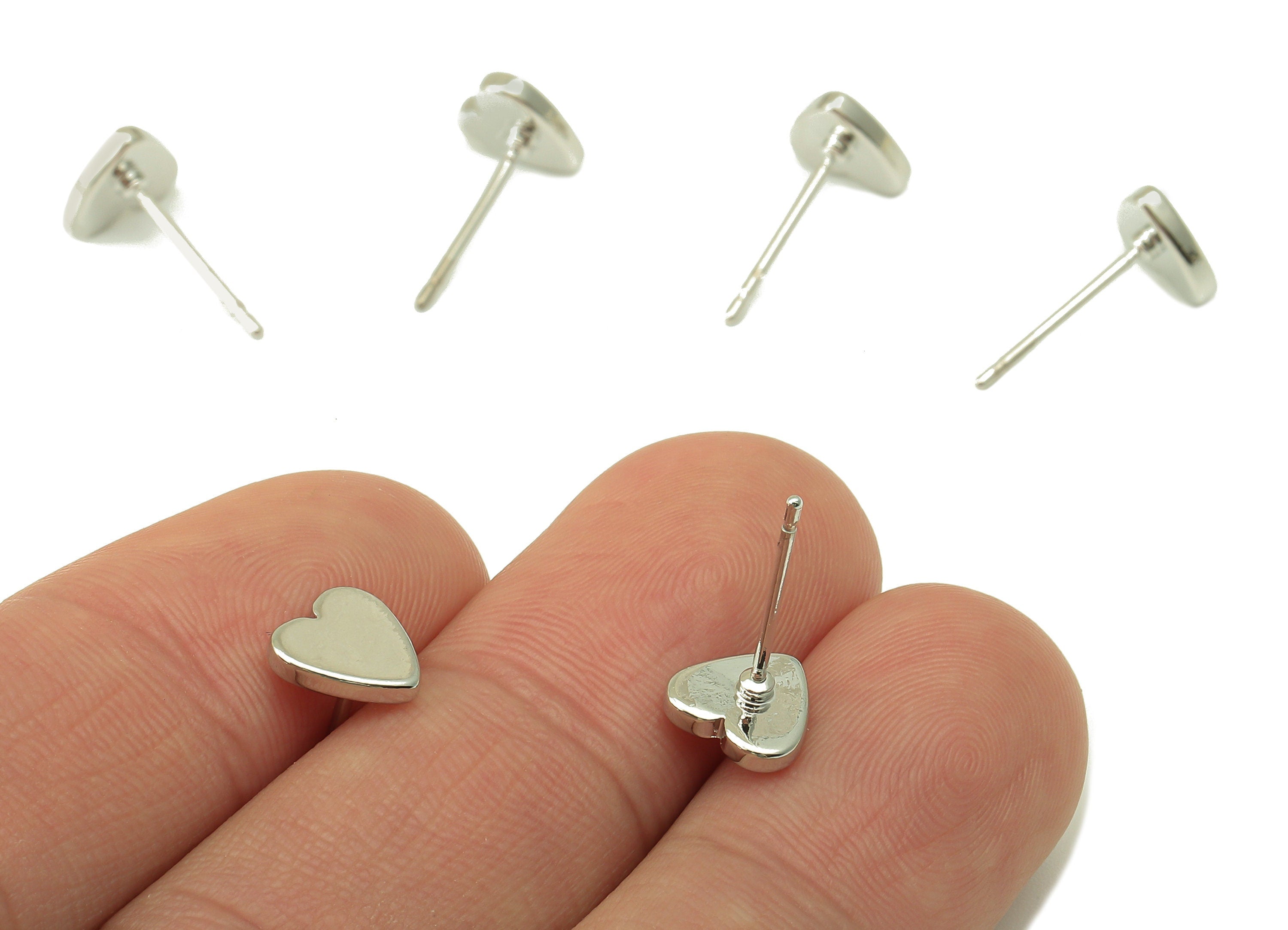 Silver Mini Love Heart Stud - Smooth Silvery Cute Heart Post - Cubic Heart Stud Earring - 18K Real White Gold Plated - 8x8x1.5mm- RGP5921S - DOMEDBAZAAR