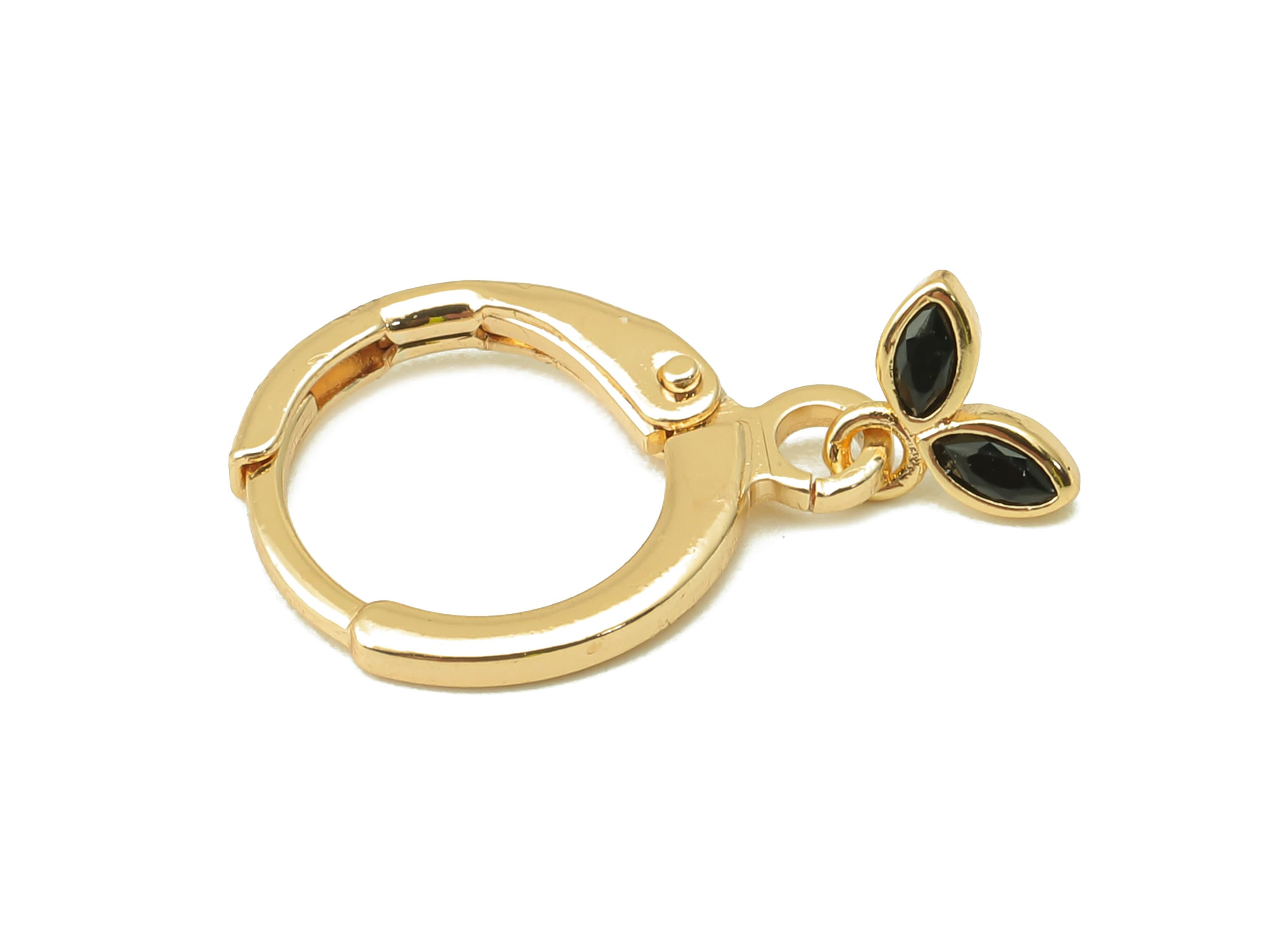 Brass Clasp Earring - Brass CZ Leaf Lever back Earring Huggie - Cubic Zirconia Mini Leaf Hoop- 18K Real Gold Plating -19x 11x 1mm - RGP6095 - DOMEDBAZAAR
