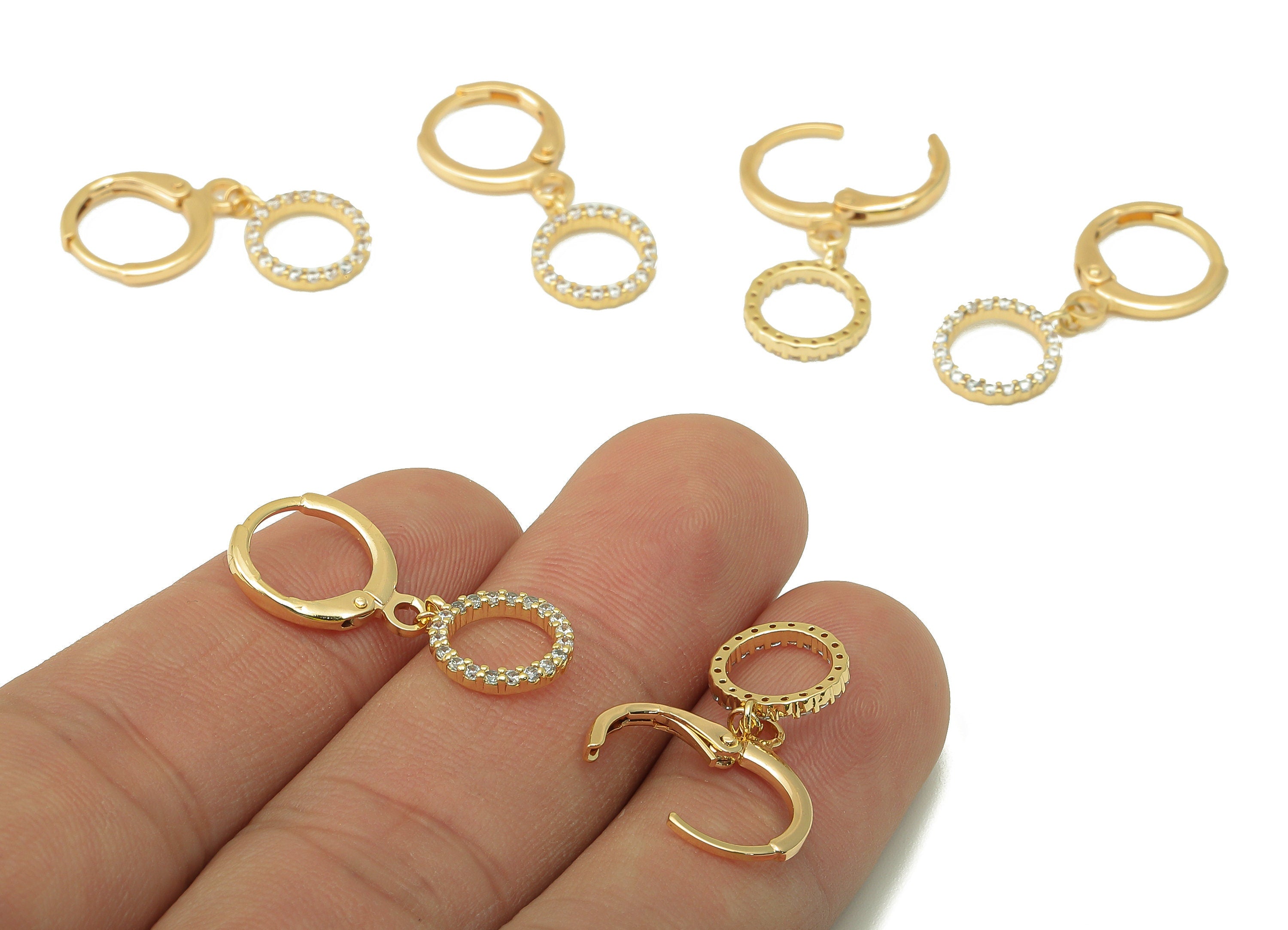 Brass Clasp Earring - Brass CZ Round Lever back Earring Huggie - Cubic Zirconia Circle Hoop - 18K Real Gold Plating - 26x 11x1.6mm - RGP6099 - DOMEDBAZAAR