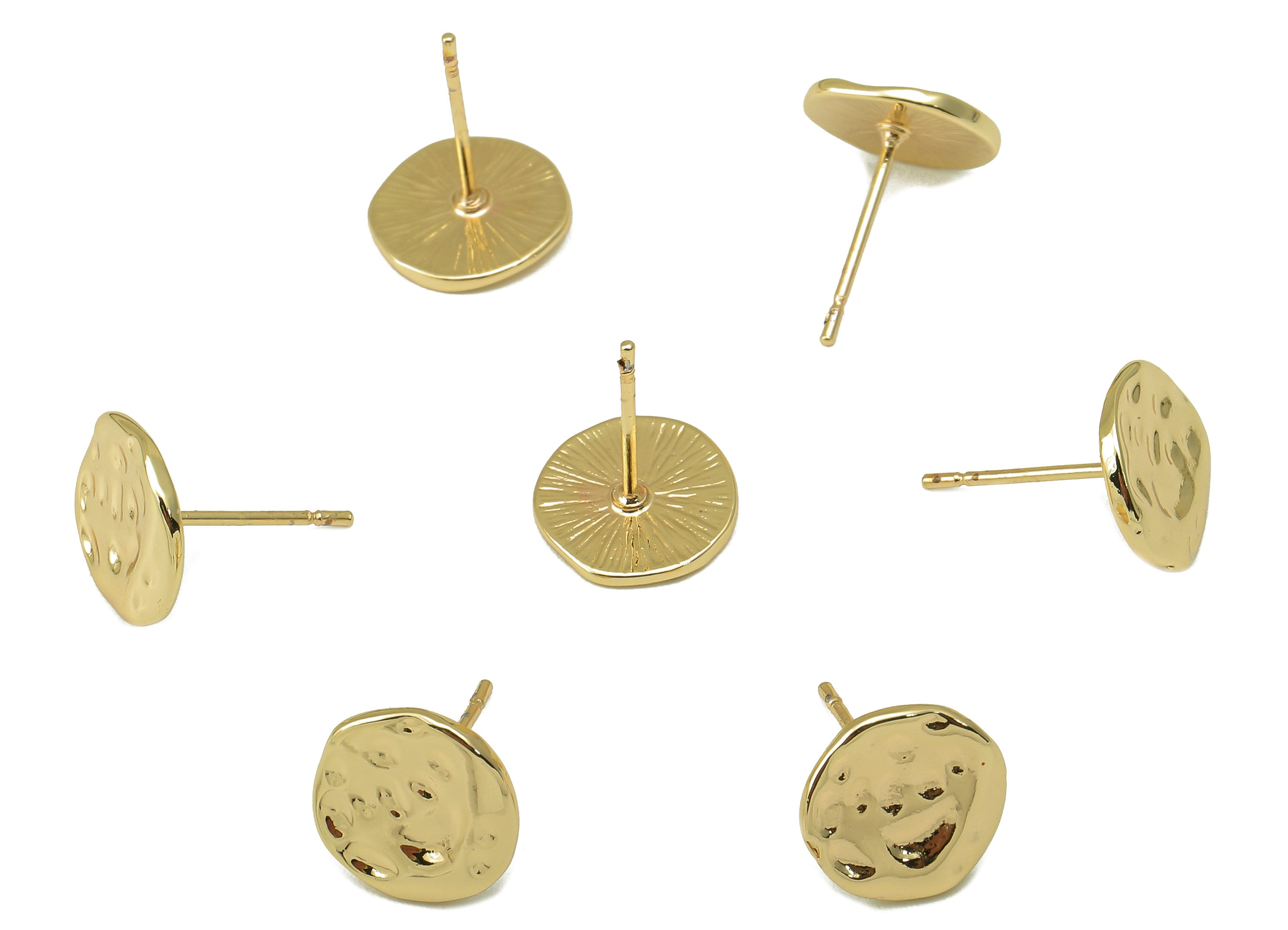 Brass Hammered Earring Stud - Textured Round Earring Post - Irregular Circle Stud Earrings- 18K Real Gold Plated - 10x10x1mm-RGP5923G - DOMEDBAZAAR