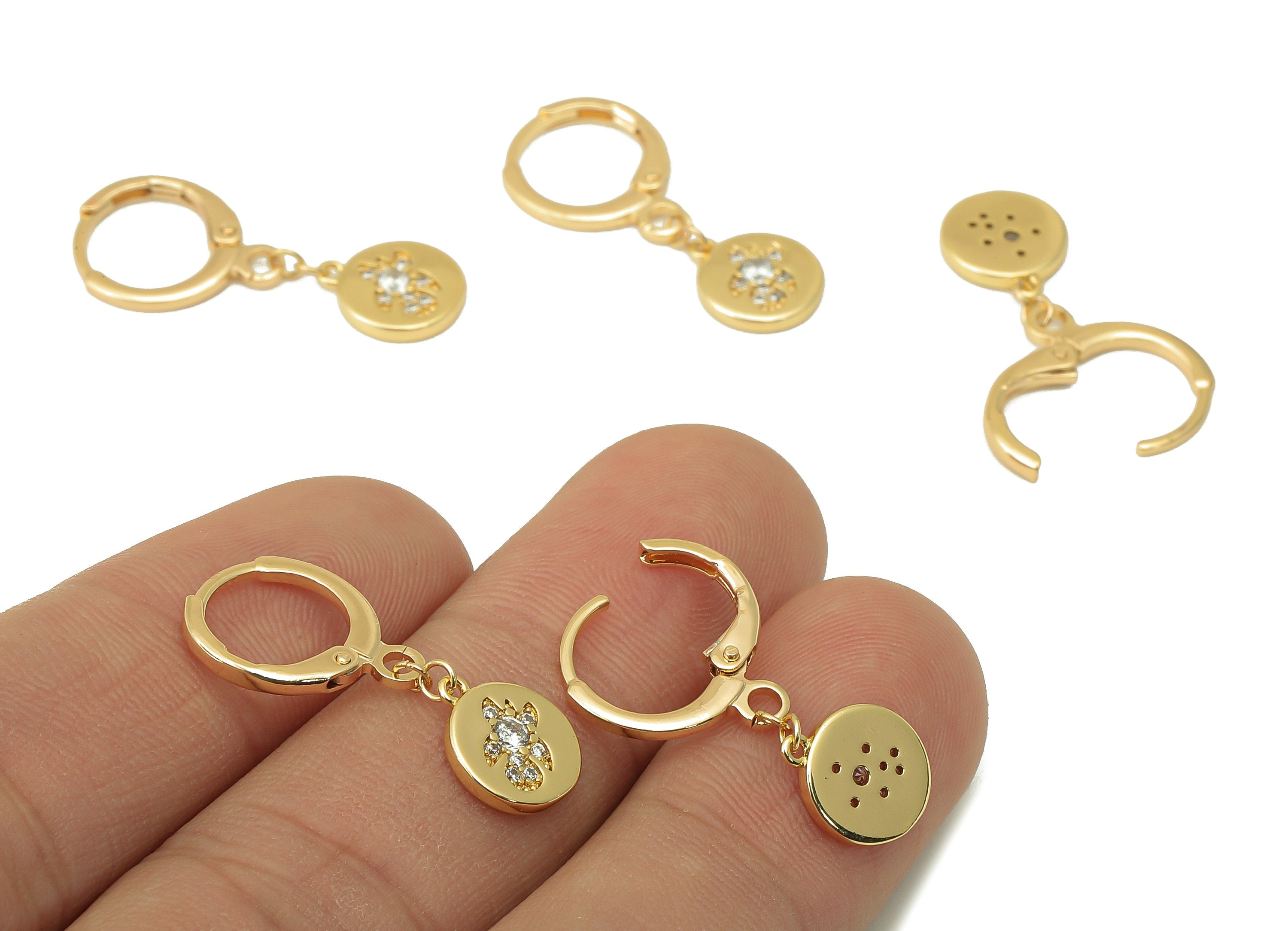Brass Clasp Earring - Brass CZ Round Lever back Earring Huggie - Cubic Zirconia Turtle Hoop - 18K Real Gold Plating -27x11x1.65mm - RGP6101 - DOMEDBAZAAR