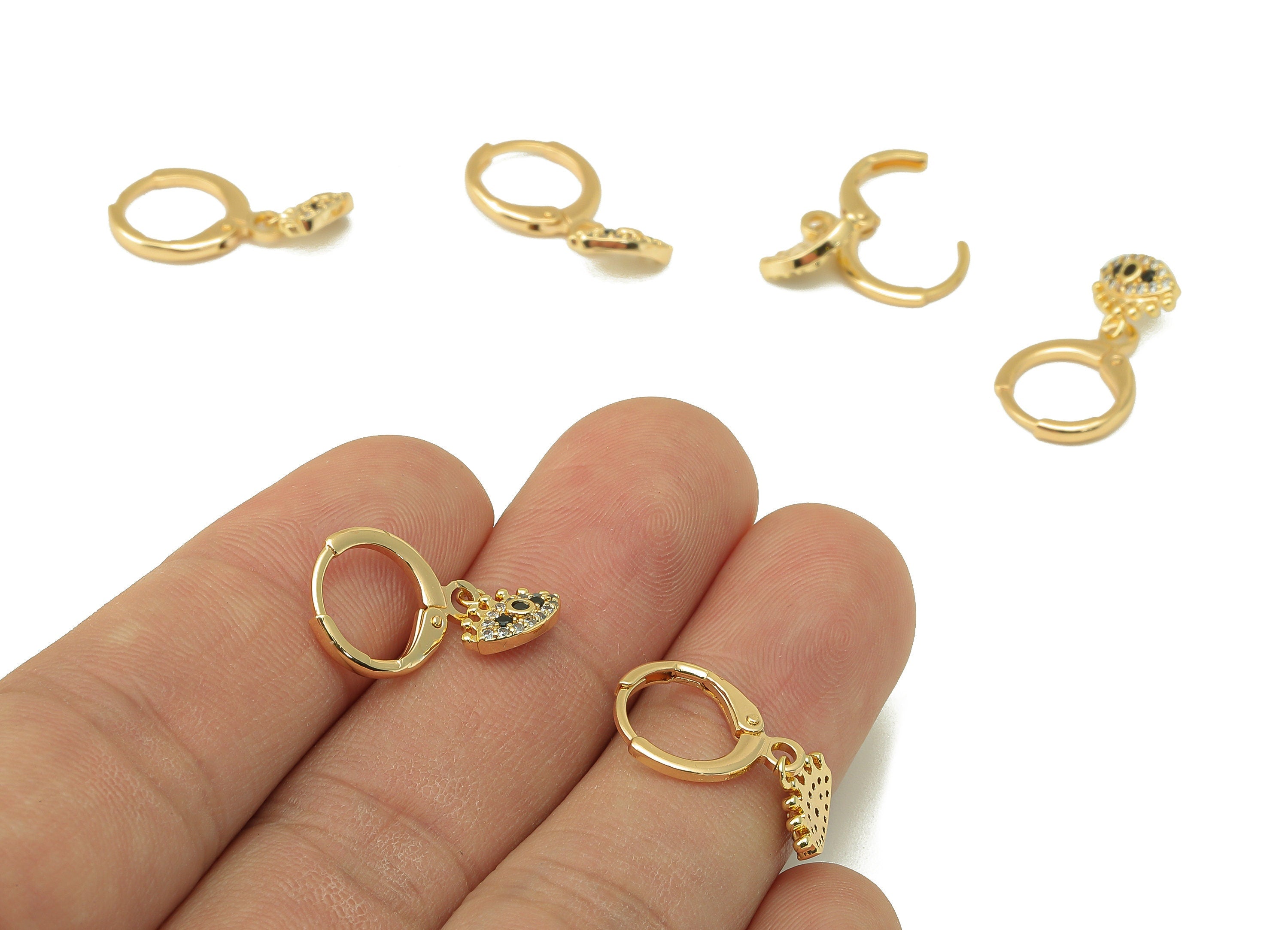 Brass Clasp Earring - Brass CZ Eye Lever back Earring Huggie - Cubic Zirconia Eye Hoop - 18K Real Gold Plating -21.8x 11x 1.99mm - RGP6103 - DOMEDBAZAAR