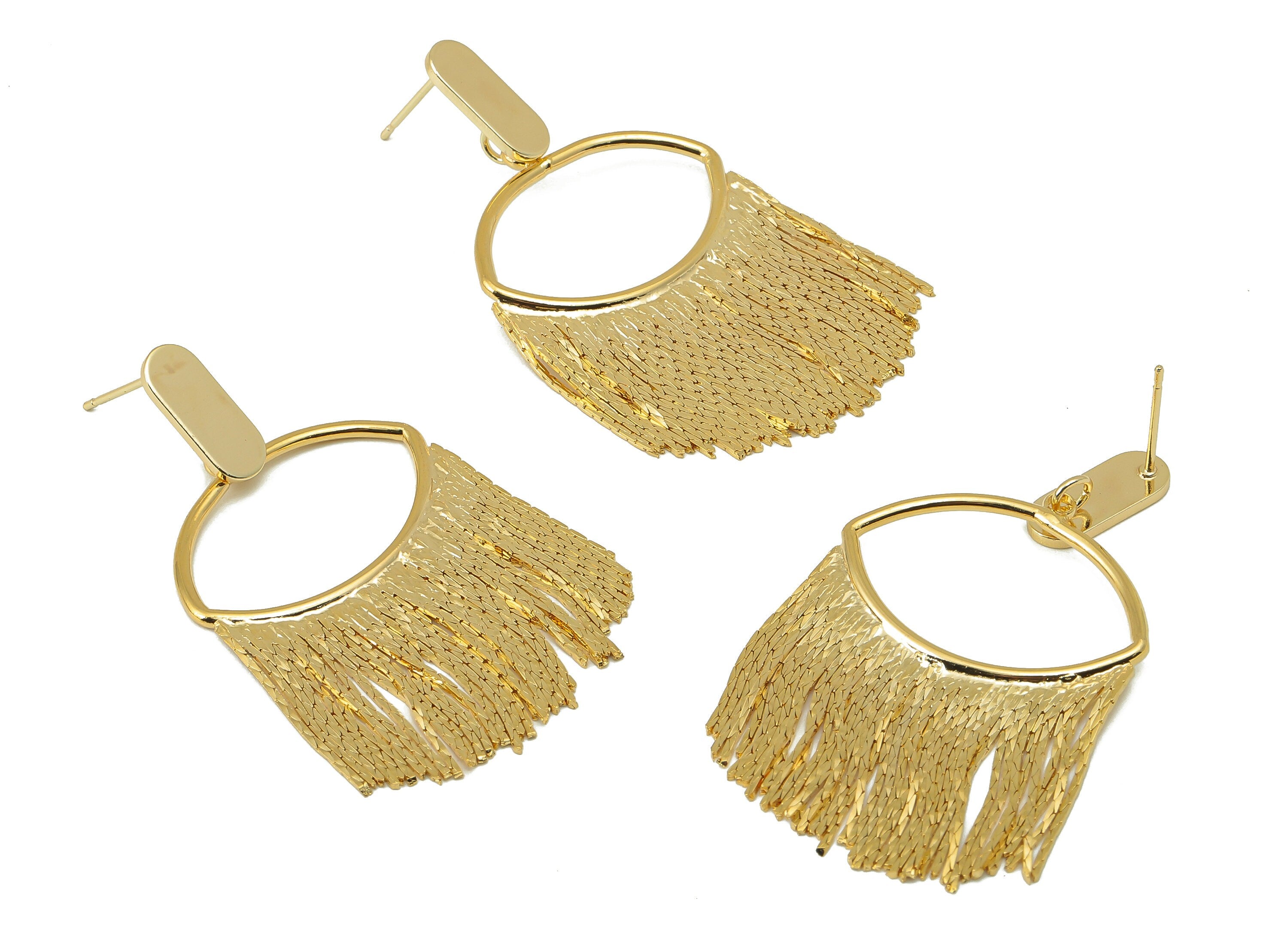 Brass Snake Chain Tassel Earring - Brass Hanging Chains Earring Post - Eye Snake Chain Stud-18K Real Gold Plating-52.51x28.76x1.48mm-RGP5874 - DOMEDBAZAAR