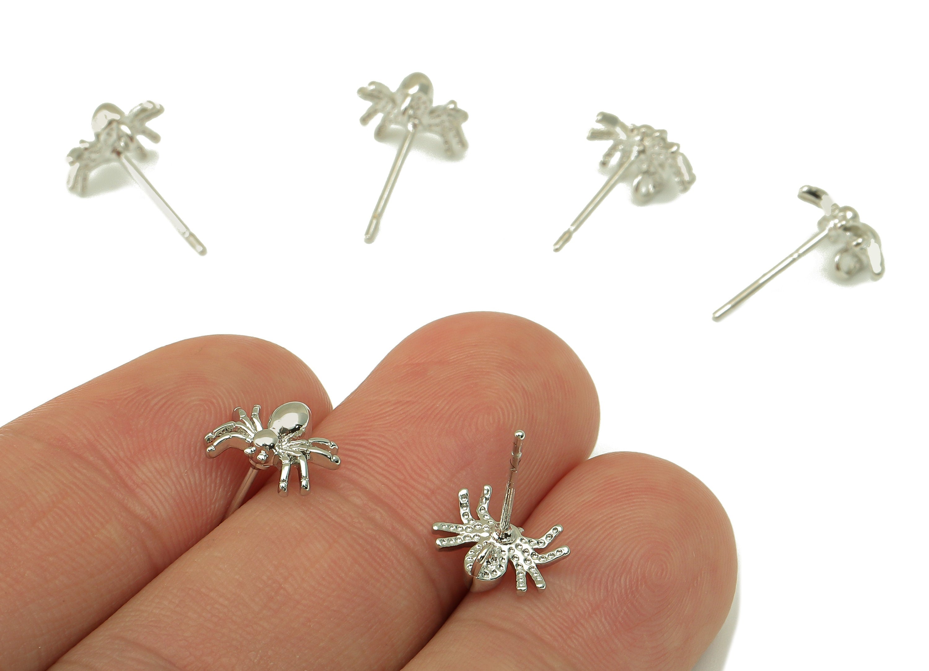 Silver Spider Earring Stud - Animal Earrings - Steel Stud - Earring Post -18K Real White Gold Plated - Jewelry Supplies-10x7.5x1mm-RGP5927S. - DOMEDBAZAAR