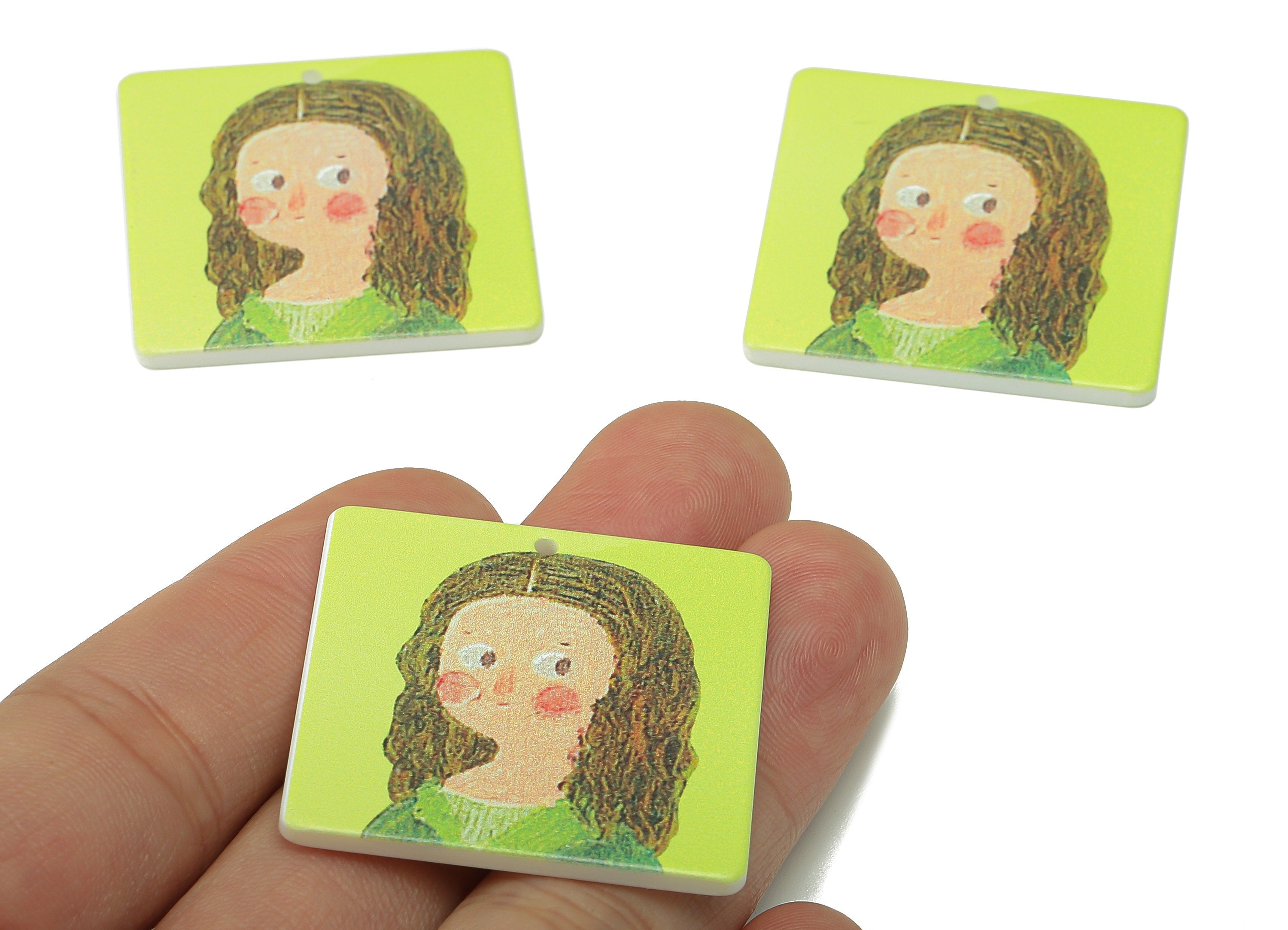 Square Acrylic Charm - Green Portrait Pendant Charm – Square Girl Earring Charm – DIY Jewelry Making Supplies -34x 34.2 x 2.02mm - AC2595 - DOMEDBAZAAR