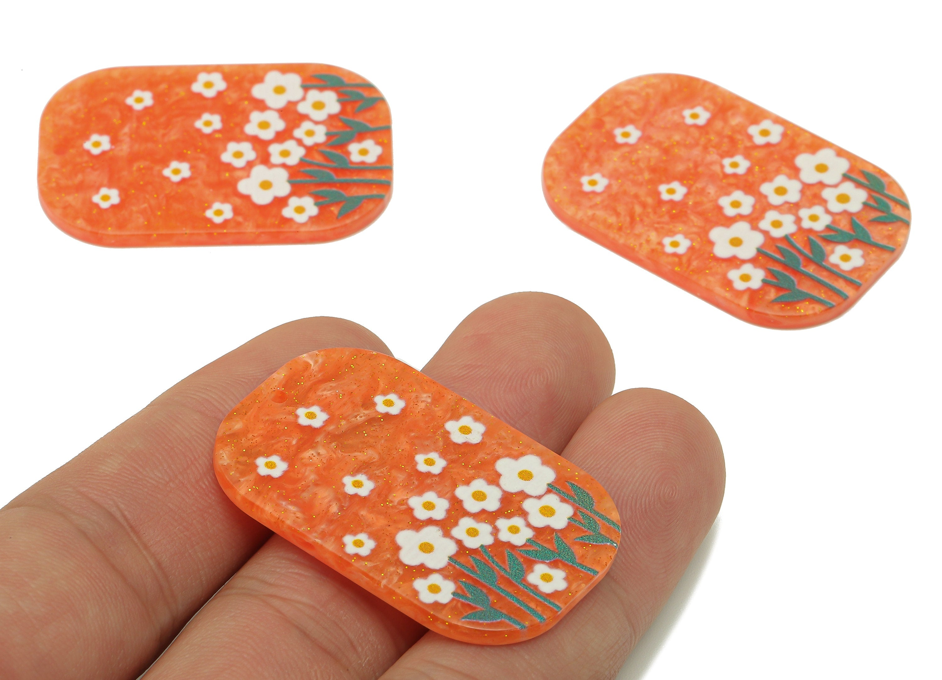 Rectangle Acrylic Charm - Orange Flower Pendant Charm – Rectangle Flower Earring Charm – DIY Jewelry Making Supplies 38.9x 26x2.2mm - AC2596 - DOMEDBAZAAR