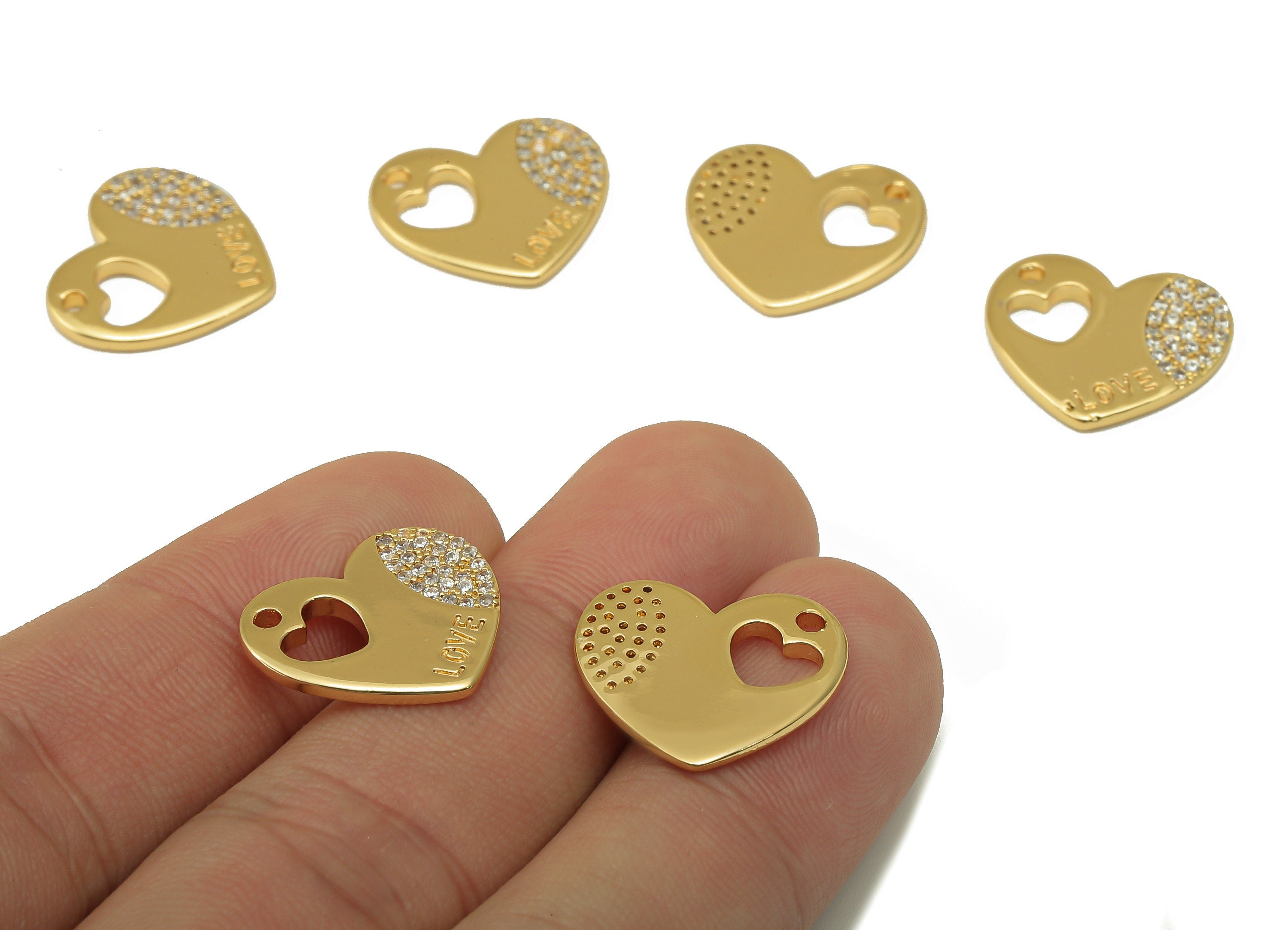 Brass Heart Earring Charm - Brass Love Heart Pendant - Cubic Zircon Earring- 18k Genuine Gold Plated-Jewelry Making-15.5x17.7x1.7mm-RGP6600 - DOMEDBAZAAR