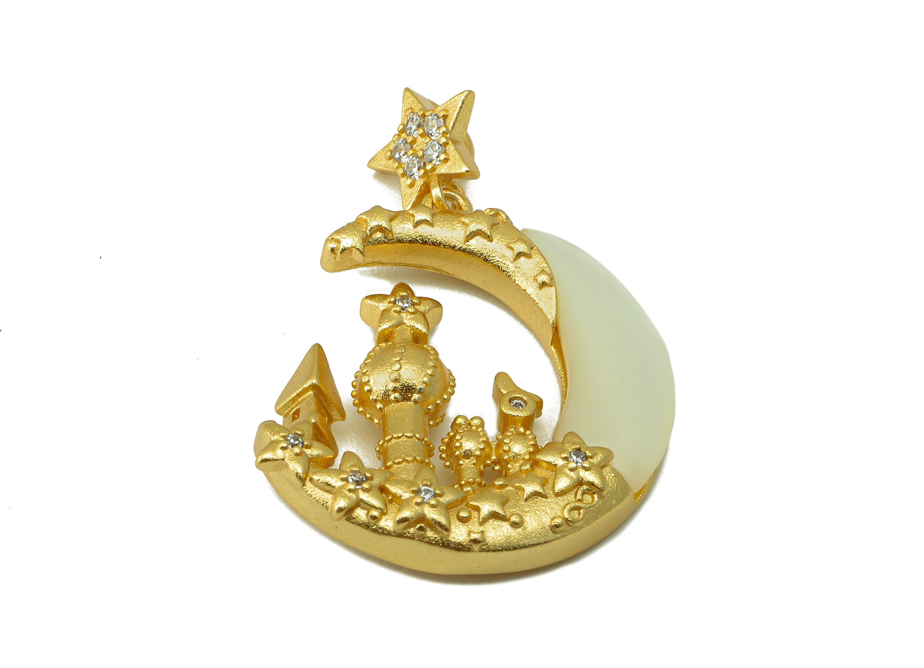 Brass Crescent Earring - Brass Palace Moon Earring Charm - CZ Shell Earring - For Necklace - 18K Real Gold Plated -31.88x 21x4.22mm-RGP6608 - DOMEDBAZAAR