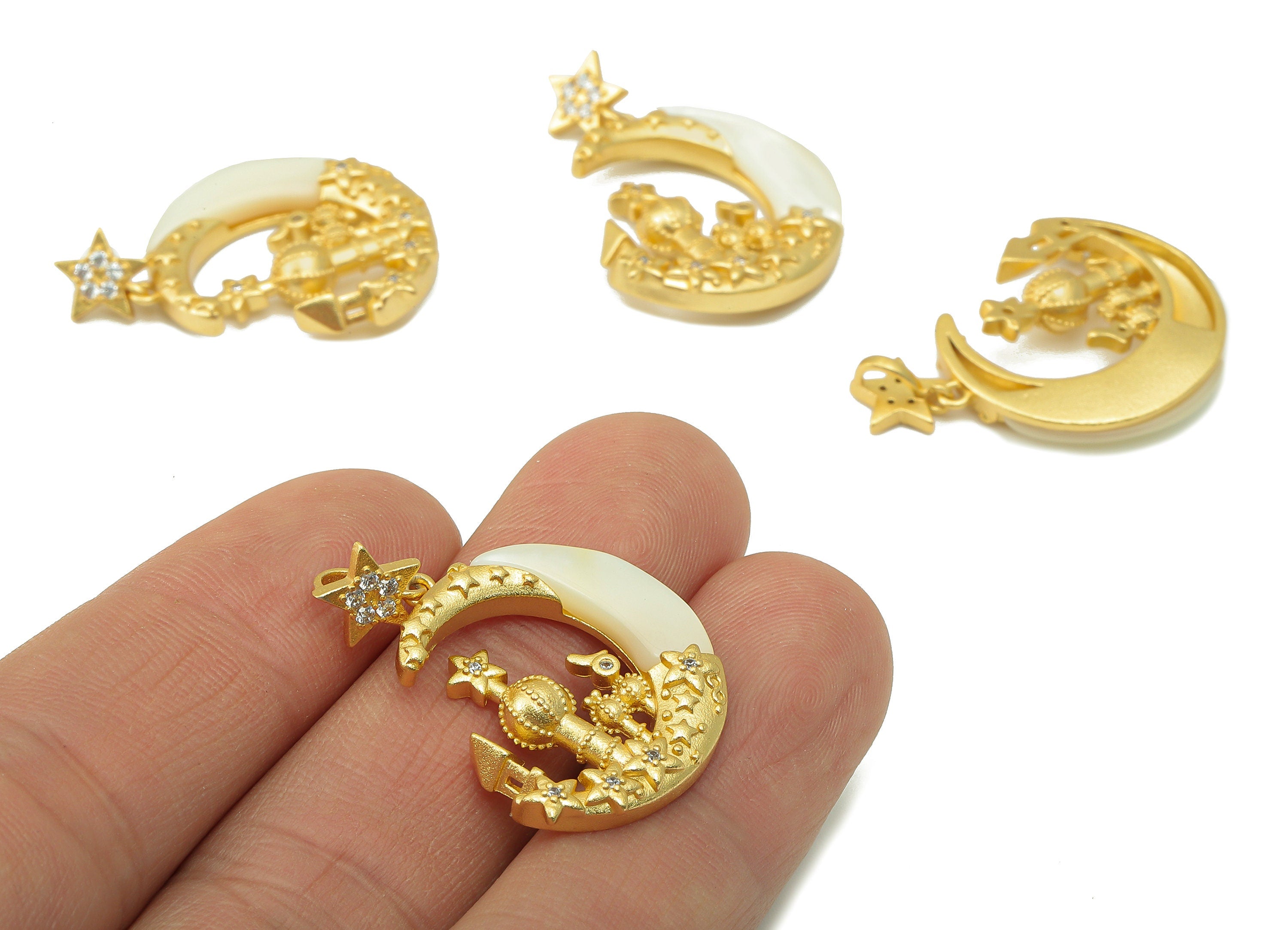 Brass Crescent Earring - Brass Palace Moon Earring Charm - CZ Shell Earring - For Necklace - 18K Real Gold Plated -31.88x 21x4.22mm-RGP6608 - DOMEDBAZAAR