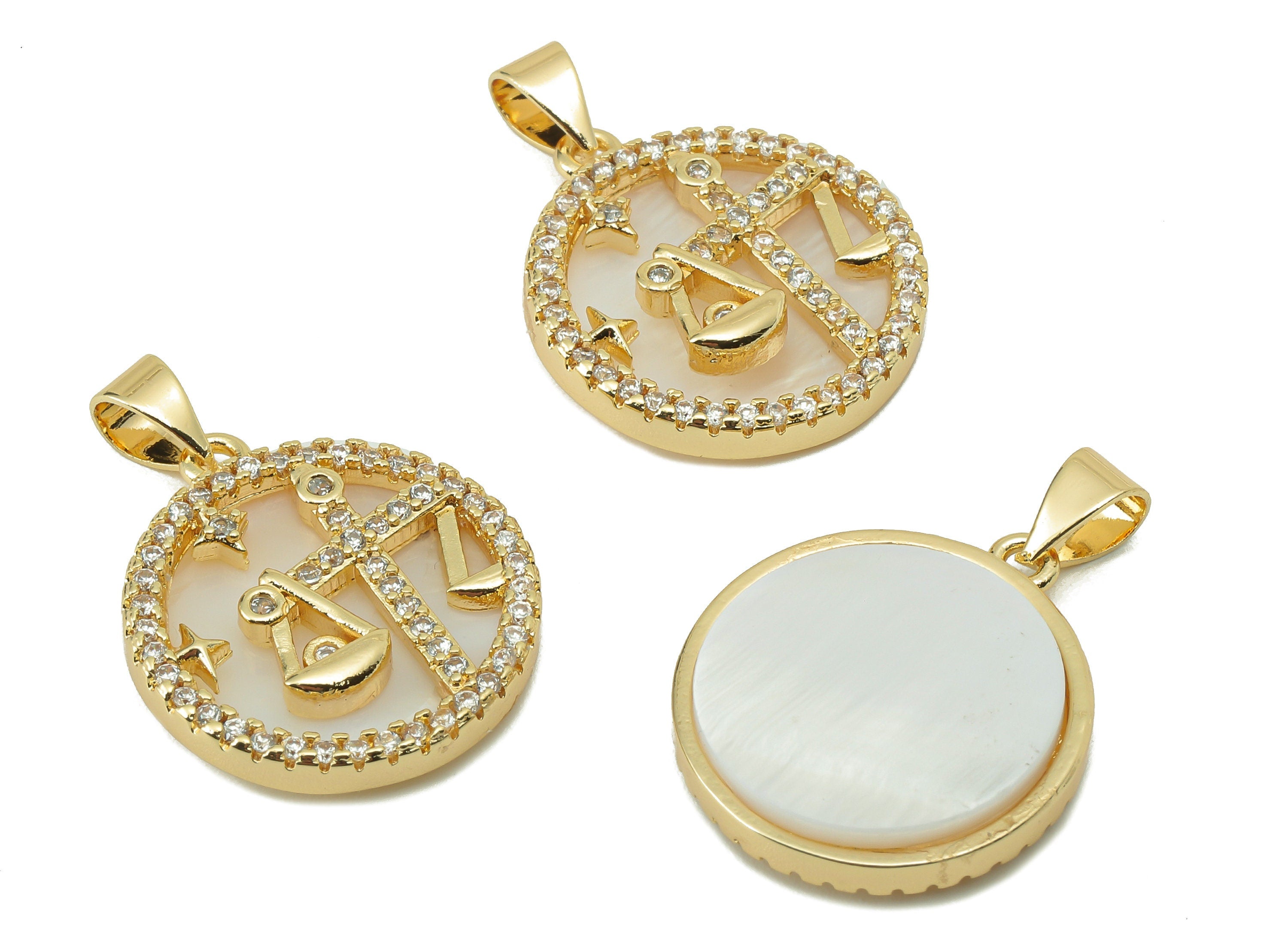 Brass Horoscope Zircon Round Libra Charm - Shell Zodiac Pendant -CZ Gold libra Charm -18K Real Gold Plating-25.64x 18.49x 2.89mm-RGP5887E - DOMEDBAZAAR