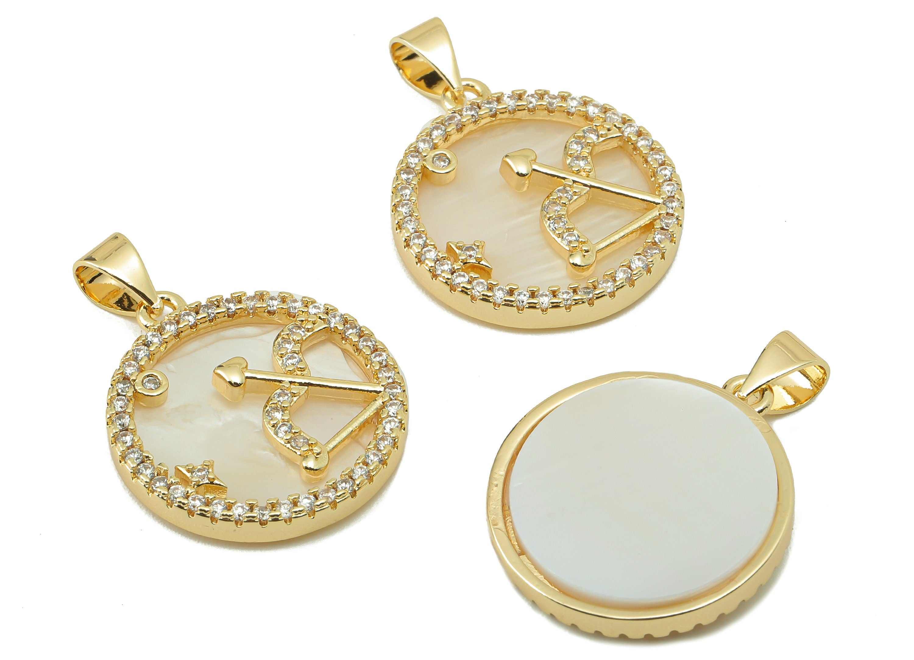 Brass Horoscope Zircon Round Sagittarius Charm - Shell Zodiac Pendant-CZ Sagittarius Charm-18K Real Gold Plating-25.64x18.49x2.89mm-RGP5887F - DOMEDBAZAAR