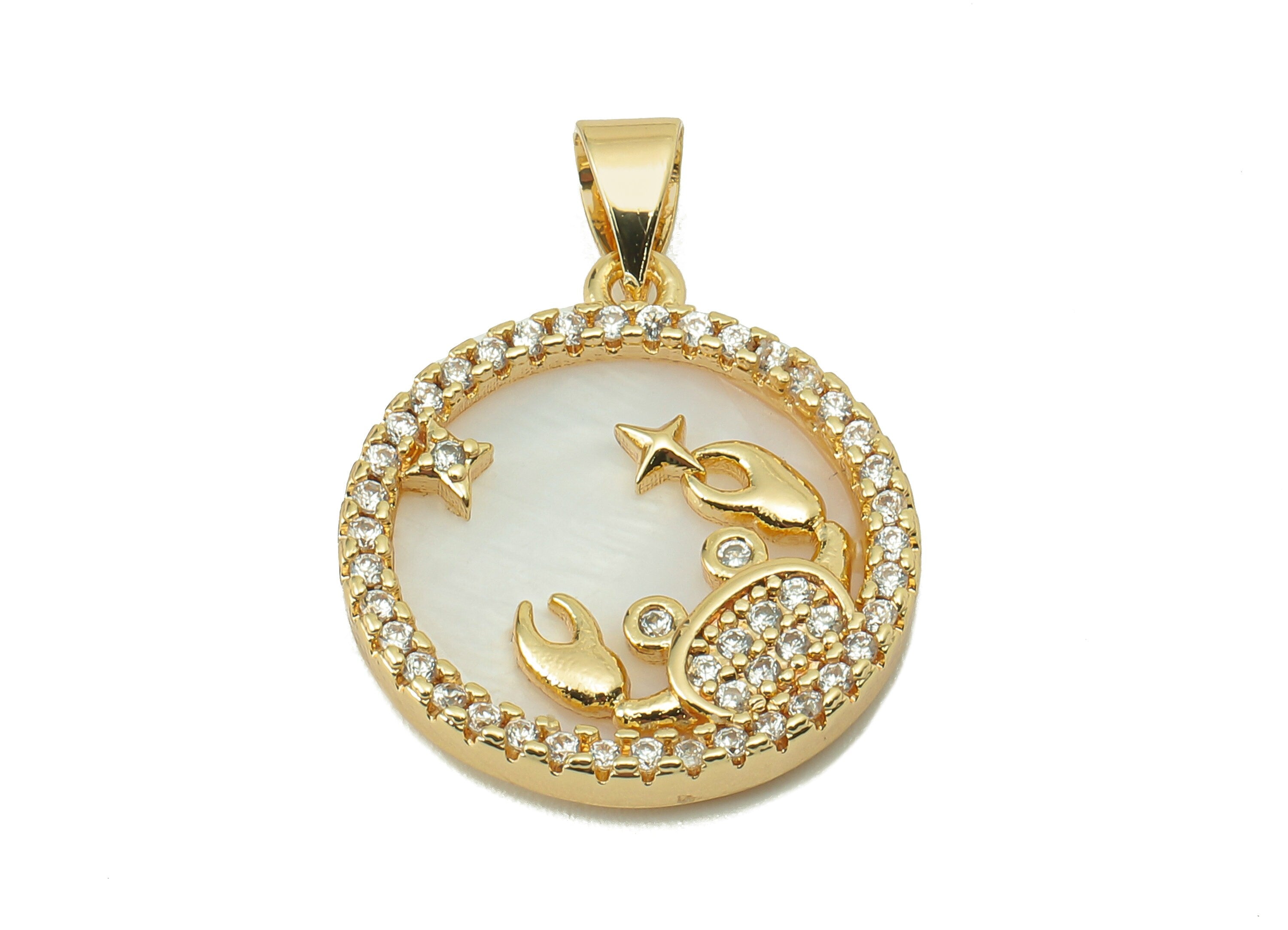 Brass Horoscope Zircon Round Cancer Charm - Shell Zodiac Pendant - CZ Cancer Gold Pendant-18K Real Gold Plating-25.64x 18.49x2.89mm-RGP5887J - DOMEDBAZAAR