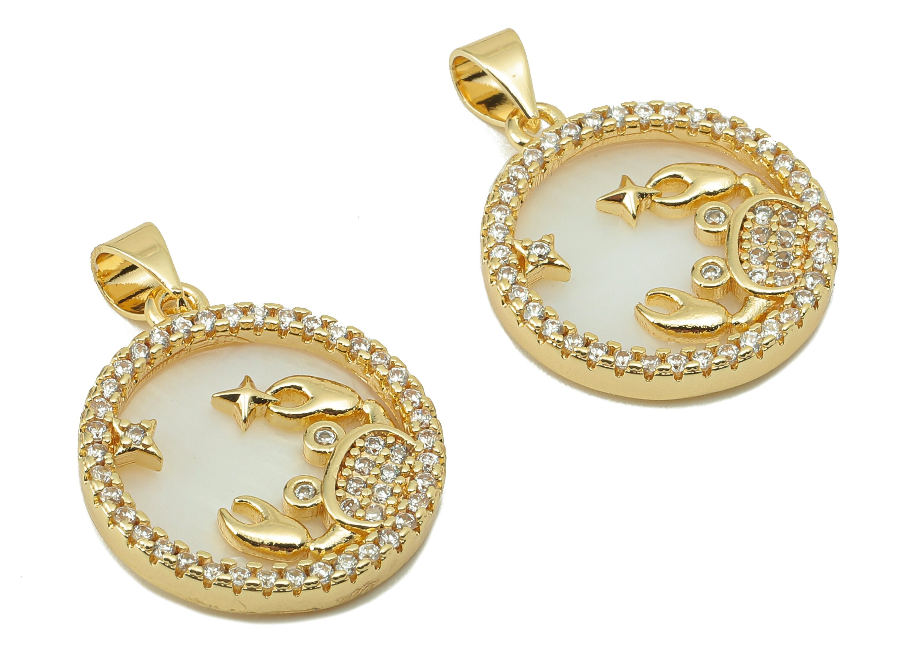 Brass Horoscope Zircon Round Cancer Charm - Shell Zodiac Pendant - CZ Cancer Gold Pendant-18K Real Gold Plating-25.64x 18.49x2.89mm-RGP5887J - DOMEDBAZAAR