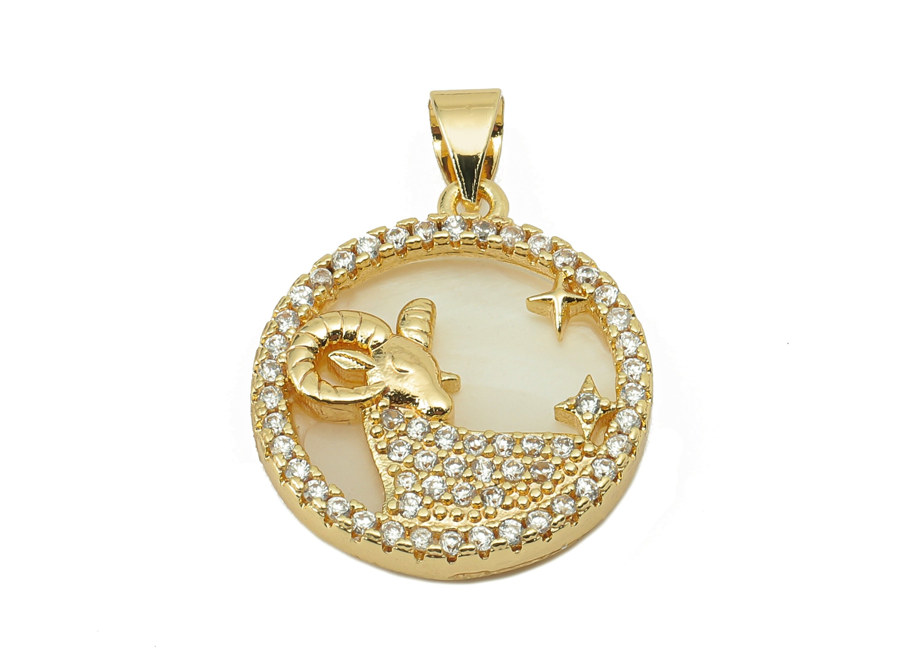 Brass Horoscope Zircon Round Aries Charm - CZ Shell Zodiac Pendant - Shell Aries Pendant-18K Real Gold Plating-25.64x 18.49x 2.89mm-RGP5887K - DOMEDBAZAAR