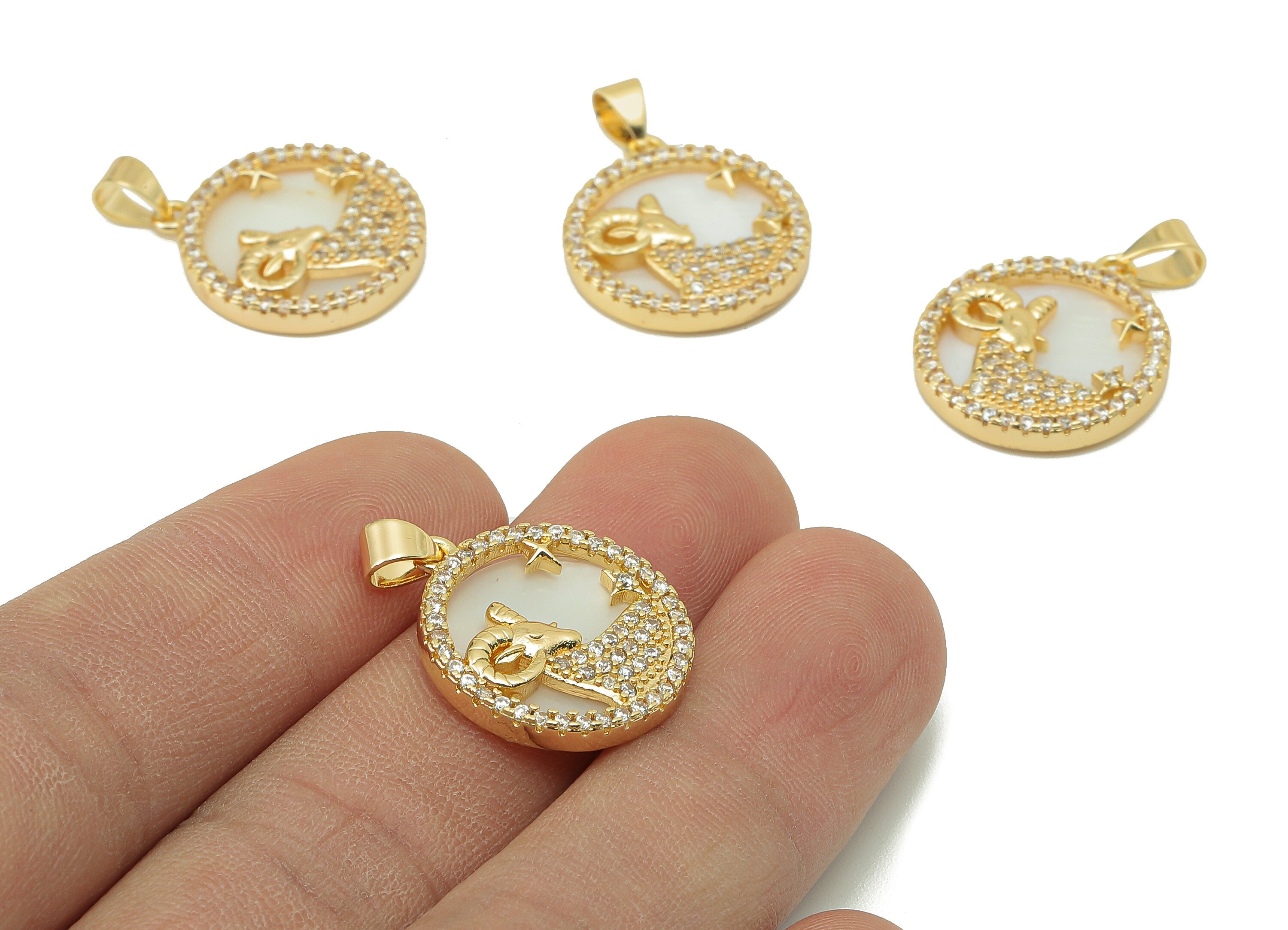 Brass Horoscope Zircon Round Aries Charm - CZ Shell Zodiac Pendant - Shell Aries Pendant-18K Real Gold Plating-25.64x 18.49x 2.89mm-RGP5887K - DOMEDBAZAAR