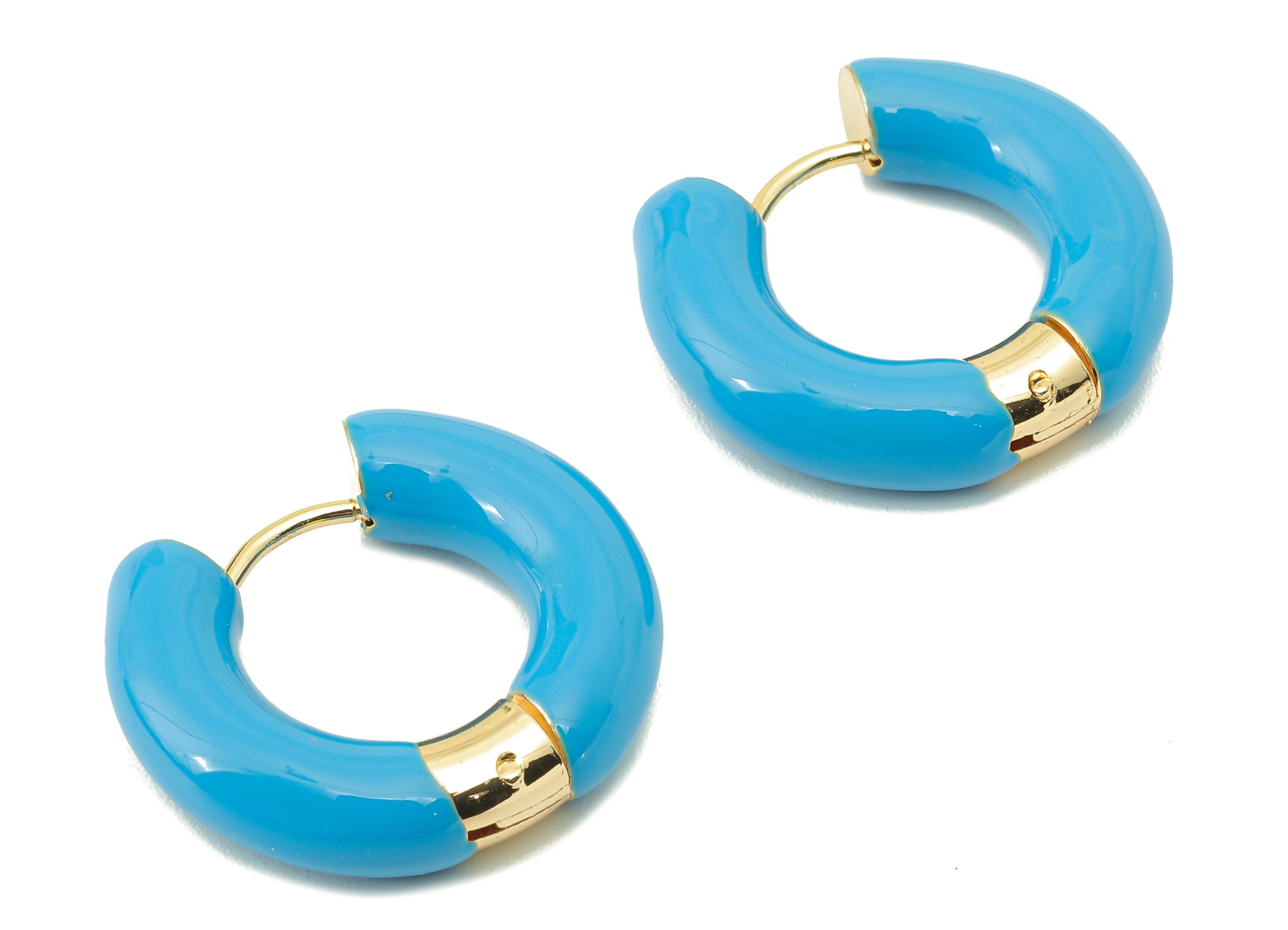 Stainless Steel Circle Earring Clasps - Blue Enamel Thick Hoop Earring - Huggie Hoop Clasp-18K Real Gold Plating-23.48x21.37x5.54mm-RGP5888A - DOMEDBAZAAR