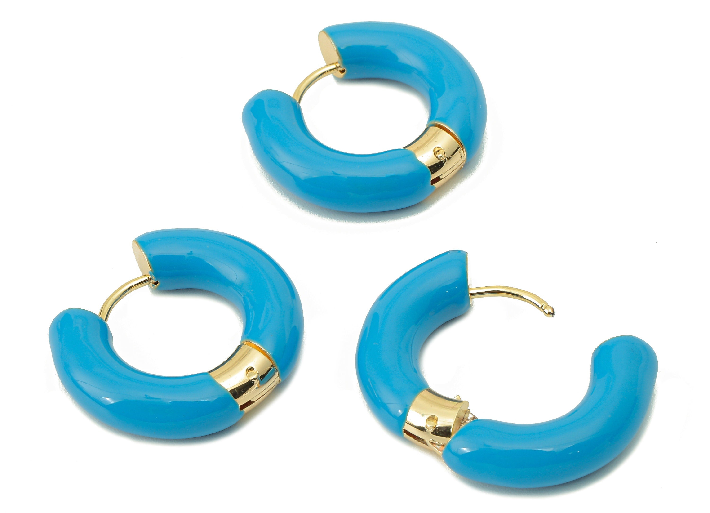 Stainless Steel Circle Earring Clasps - Blue Enamel Thick Hoop Earring - Huggie Hoop Clasp-18K Real Gold Plating-23.48x21.37x5.54mm-RGP5888A - DOMEDBAZAAR