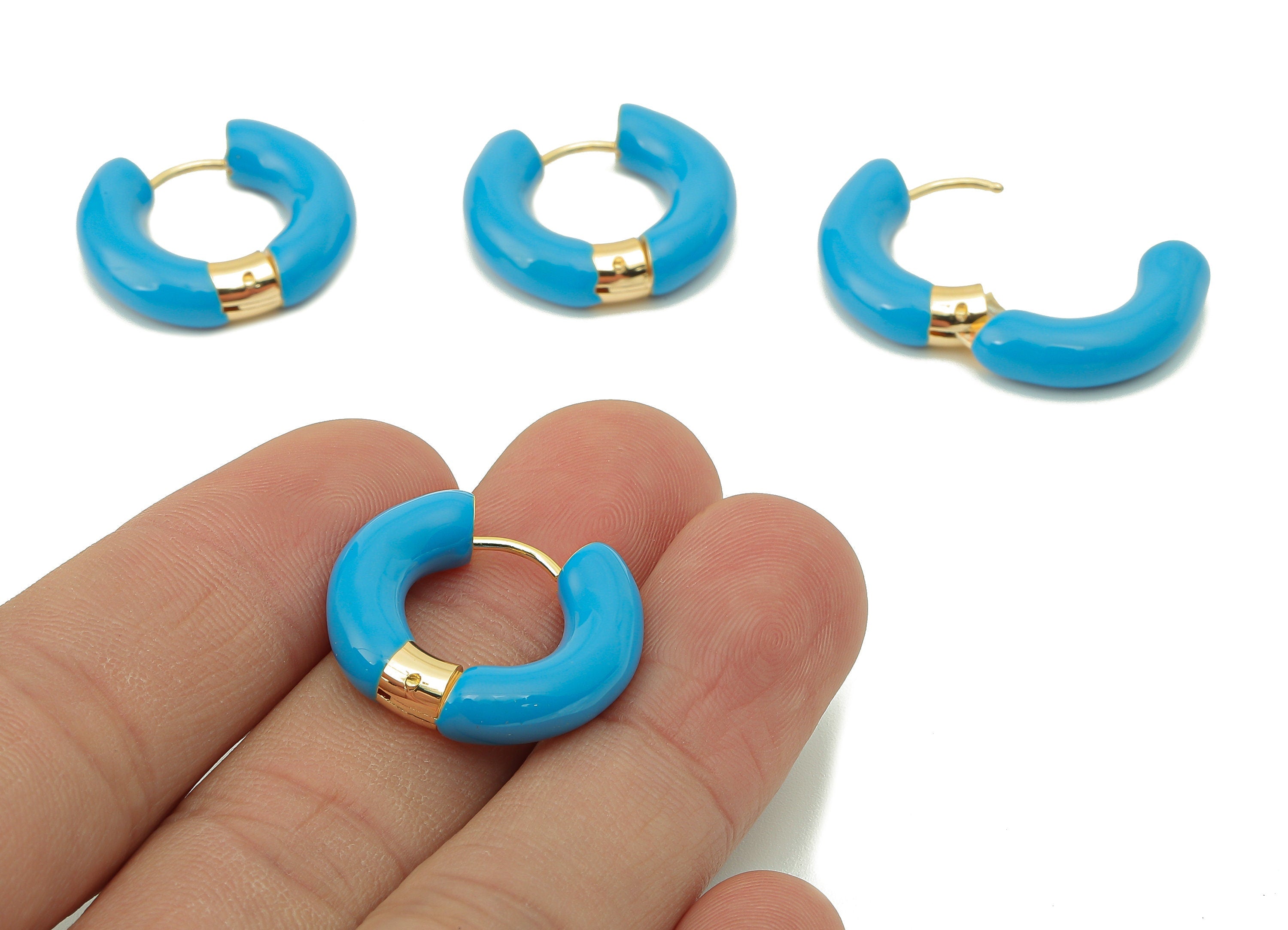 Stainless Steel Circle Earring Clasps - Blue Enamel Thick Hoop Earring - Huggie Hoop Clasp-18K Real Gold Plating-23.48x21.37x5.54mm-RGP5888A - DOMEDBAZAAR