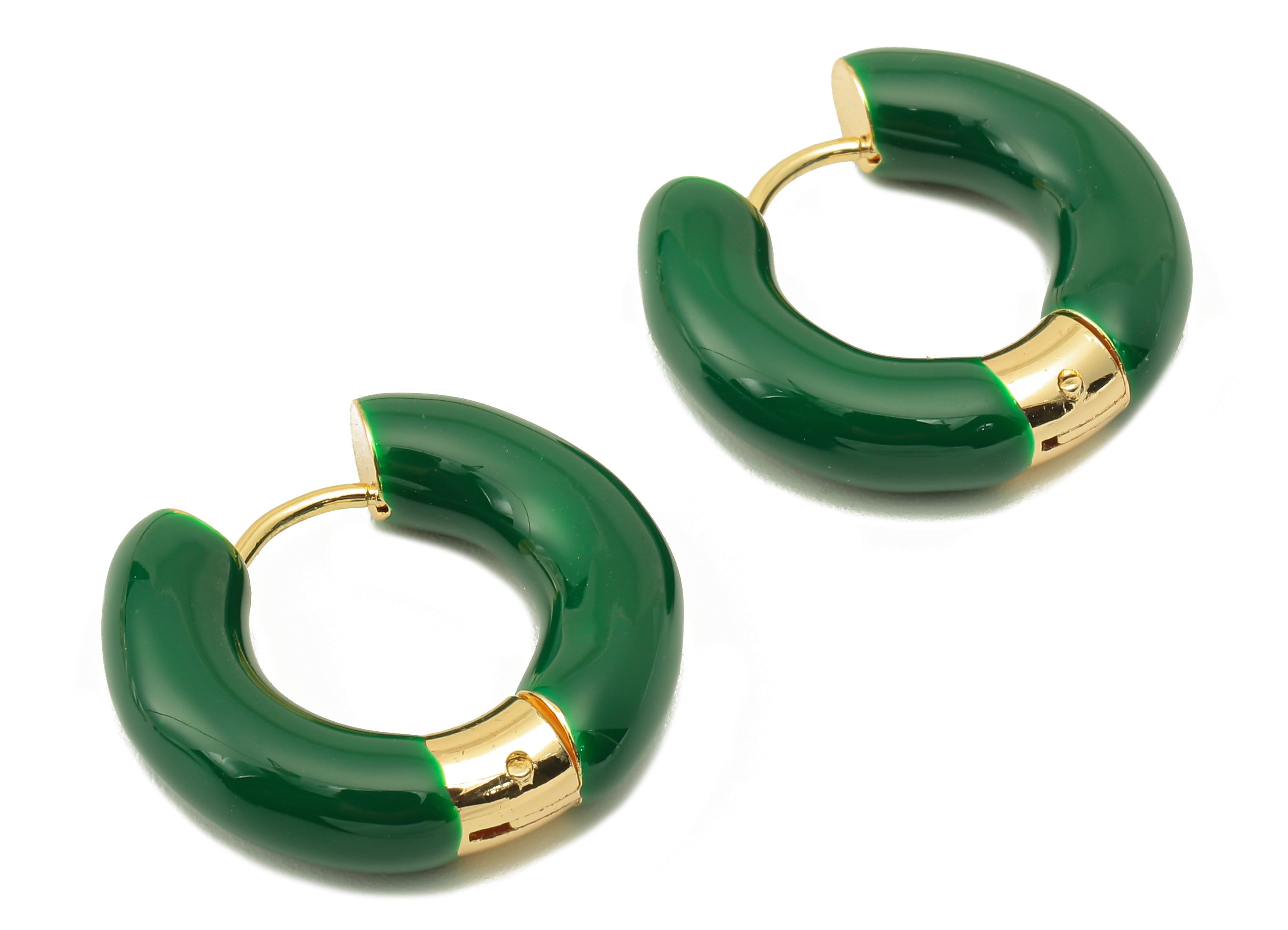 Stainless Steel Circle Earring Clasps - Green Enamel Thick Hoop Earring -Huggie Hoop Clasp-18K Real Gold Plating-23.48x21.37x5.54mm-RGP5888B - DOMEDBAZAAR