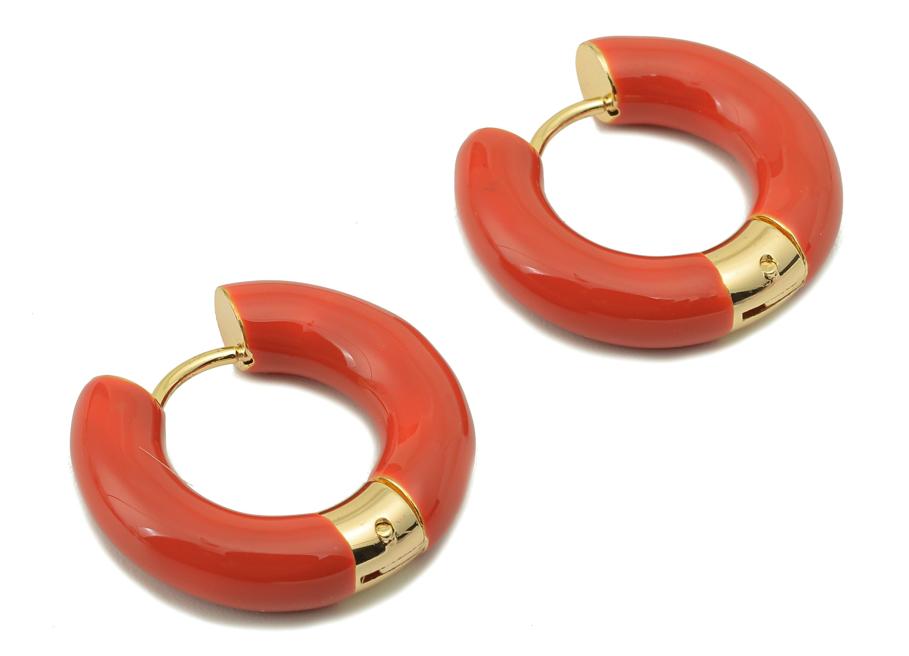 Stainless Steel Circle Earring Clasps -Orange Enamel Thick Hoop Earring-Huggie Hoop Clasp -18K Real Gold Plating-23.48x21.37x5.54mm-RGP5888D - DOMEDBAZAAR