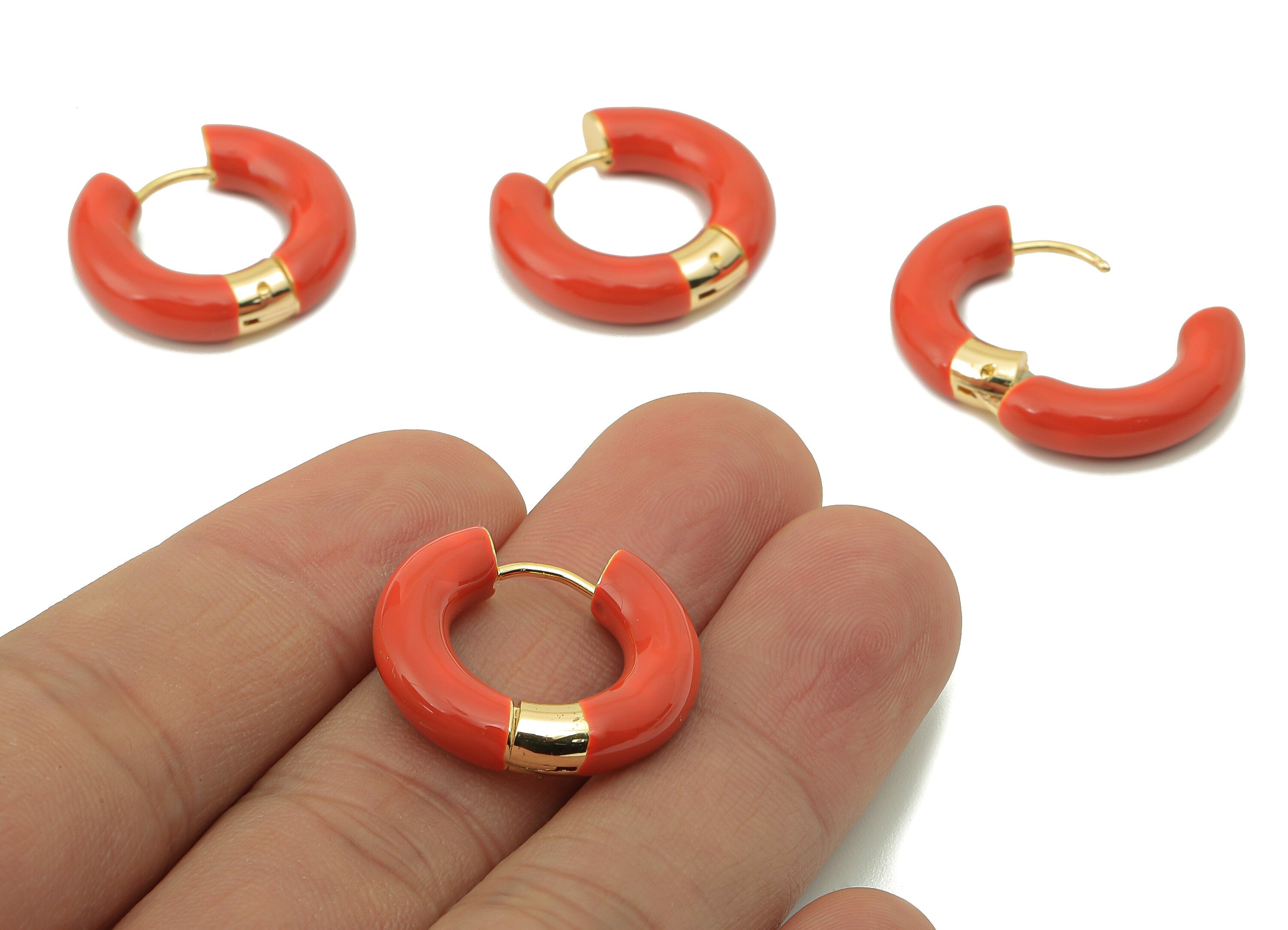Stainless Steel Circle Earring Clasps -Orange Enamel Thick Hoop Earring-Huggie Hoop Clasp -18K Real Gold Plating-23.48x21.37x5.54mm-RGP5888D - DOMEDBAZAAR