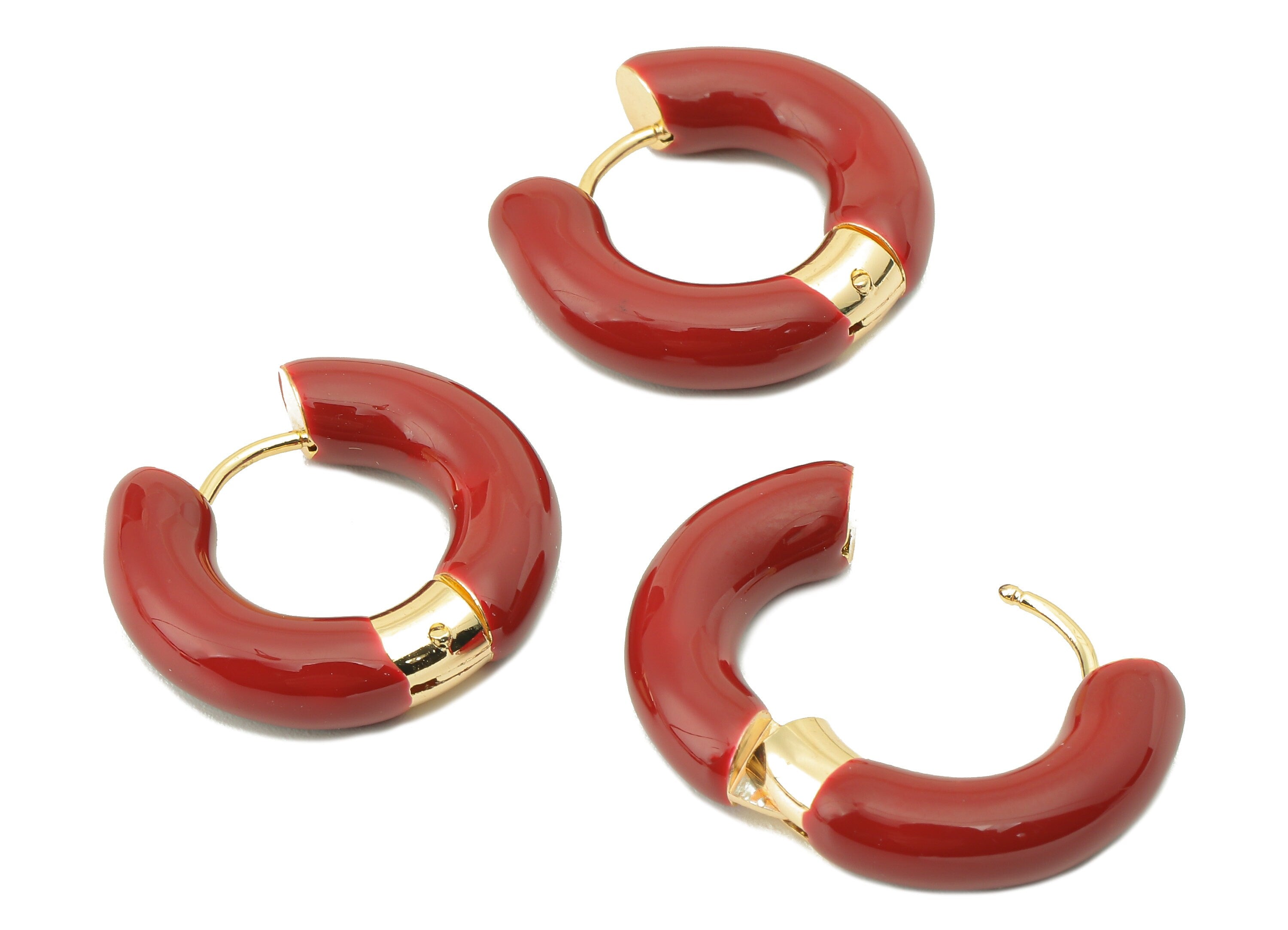 Stainless Steel Circle Earring Clasps - Red Enamel Thick Hoop Earring - Huggie Hoop Clasp -18K Real Gold Plating-23.48x21.37x5.54mm-RGP5888E - DOMEDBAZAAR