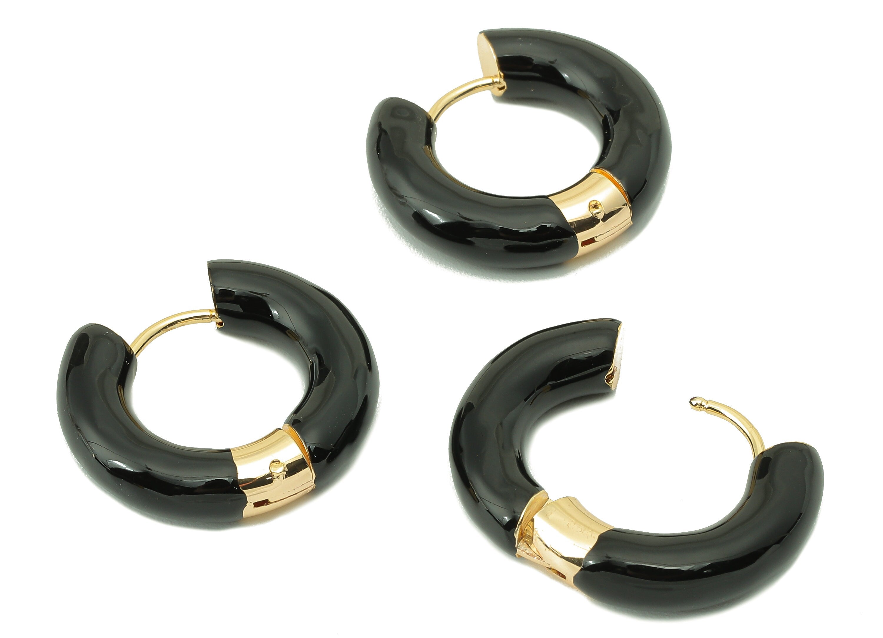 Stainless Steel Circle Earring Clasps - Black Enamel Thick Hoop Earring-Huggie Hoop Clasp -18K Real Gold Plating-23.48x21.37x5.54mm-RGP5888F - DOMEDBAZAAR