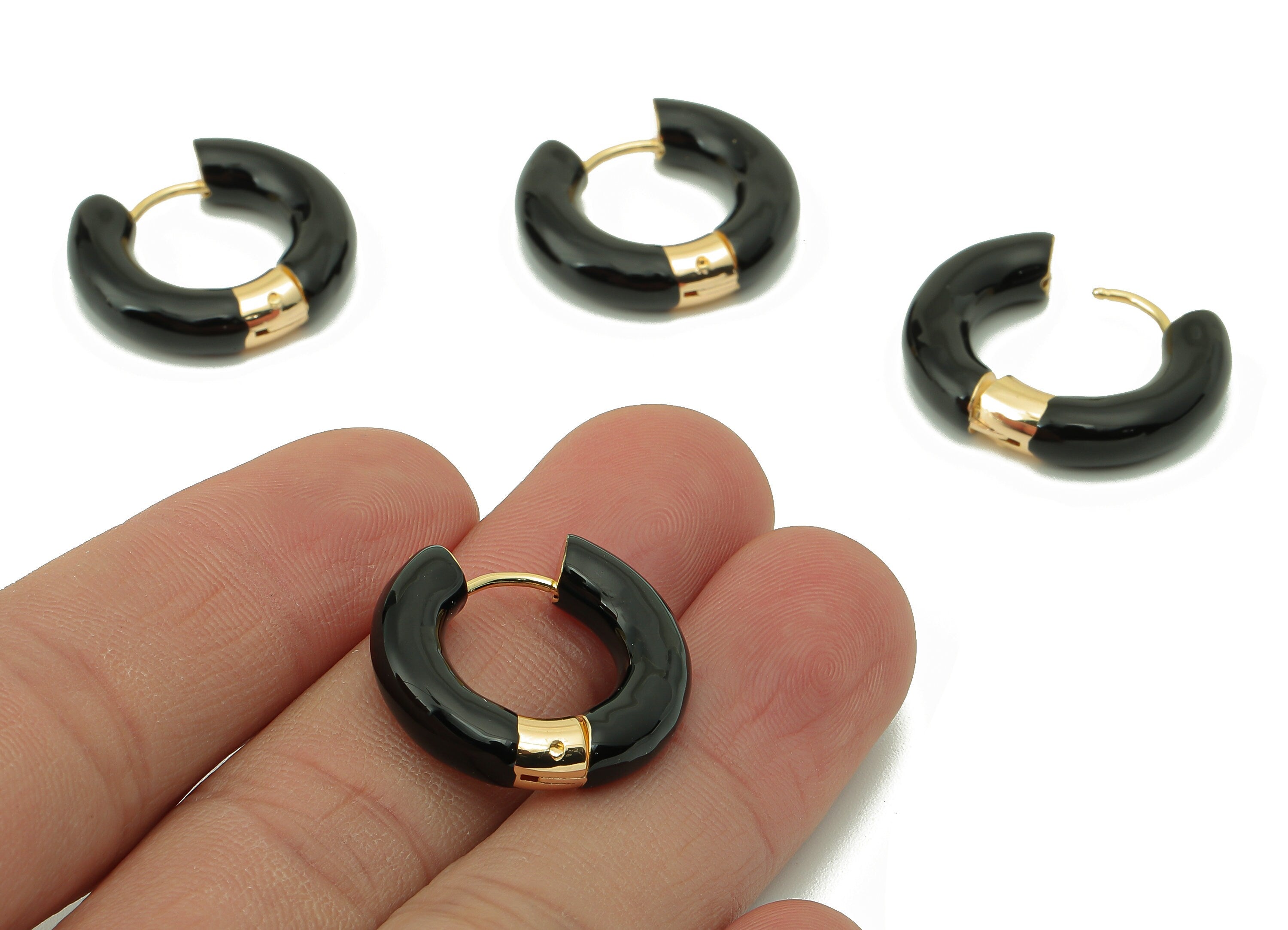 Stainless Steel Circle Earring Clasps - Black Enamel Thick Hoop Earring-Huggie Hoop Clasp -18K Real Gold Plating-23.48x21.37x5.54mm-RGP5888F - DOMEDBAZAAR