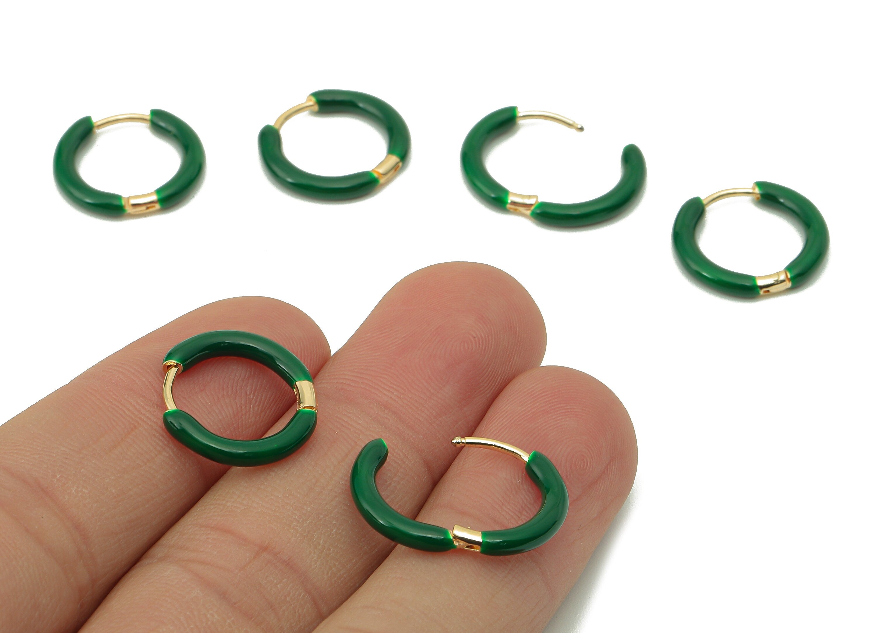 Stainless Steel Circle Earrings Clasps - Green Enamel Hoop Earrings - Huggie Hoop Clasp -18K Real Gold Plating-16.57x 15.19x 2.71mm-RGP5889B - DOMEDBAZAAR