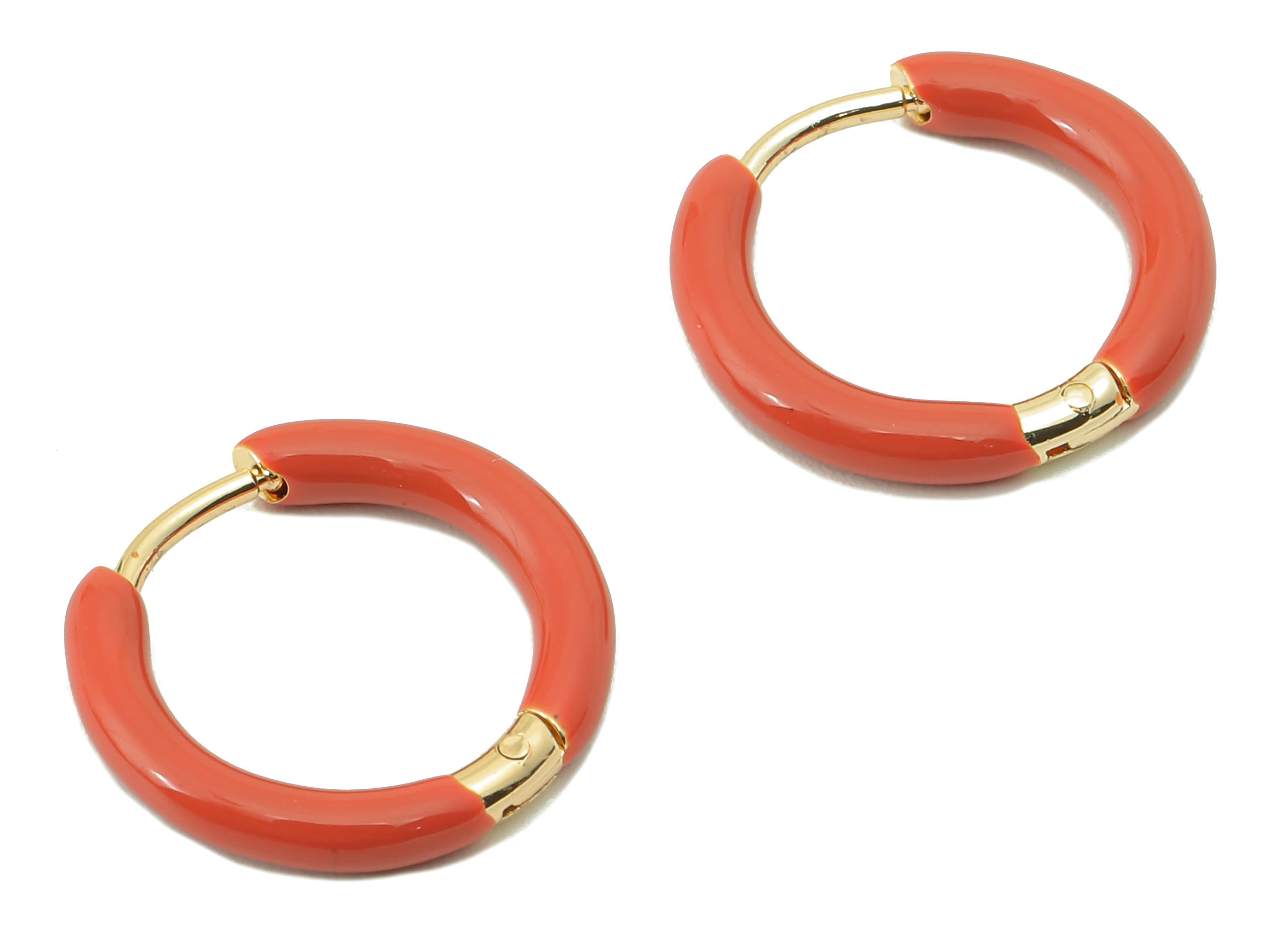Stainless Steel Circle Earring Clasps - Mini Orange Enamel Hoop Earring- Huggie Hoop Clasp-18K Real Gold Plating-16.57x15.19x2.71mm-RGP5889D - DOMEDBAZAAR