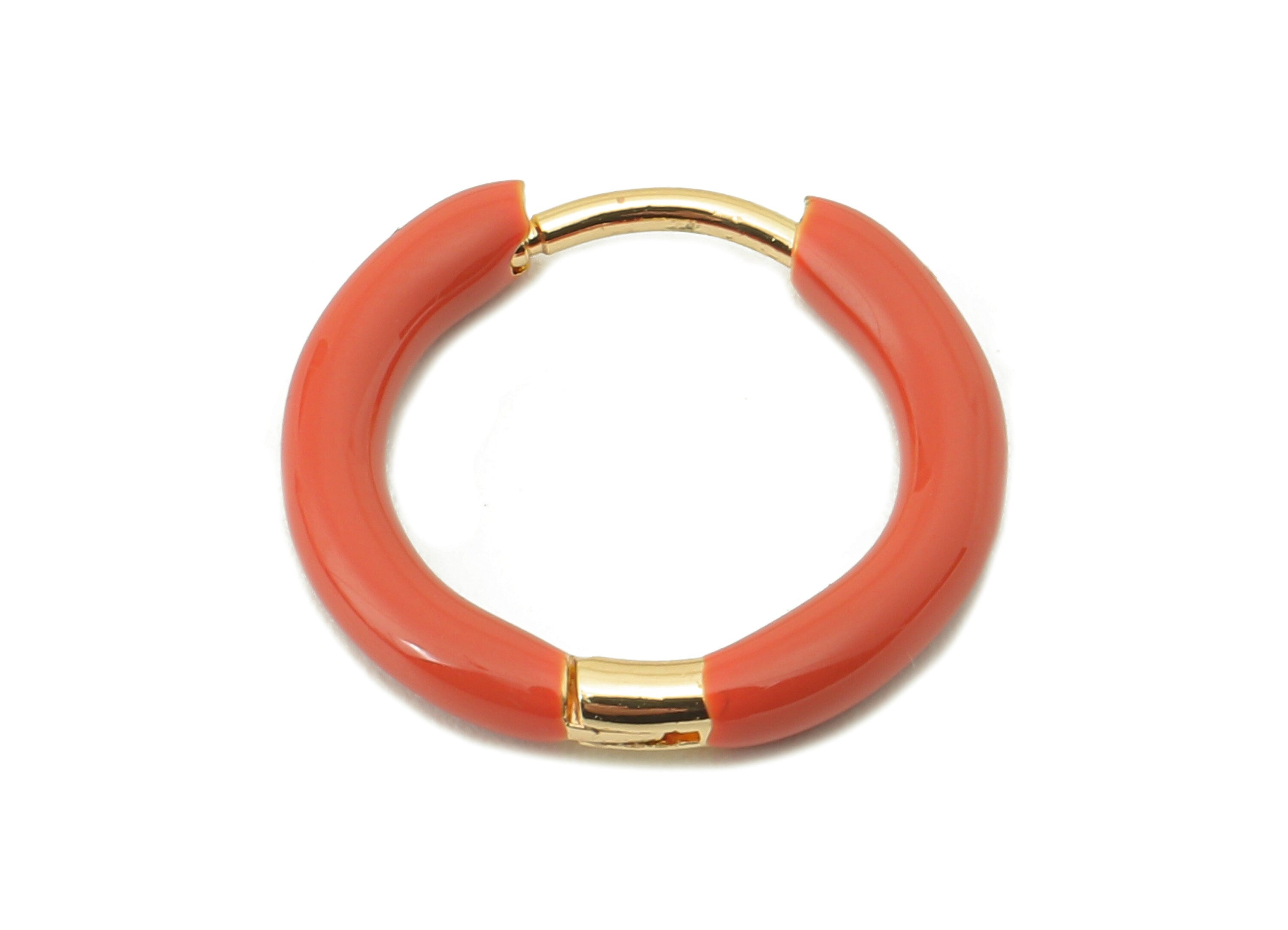 Stainless Steel Circle Earring Clasps - Mini Orange Enamel Hoop Earring- Huggie Hoop Clasp-18K Real Gold Plating-16.57x15.19x2.71mm-RGP5889D - DOMEDBAZAAR