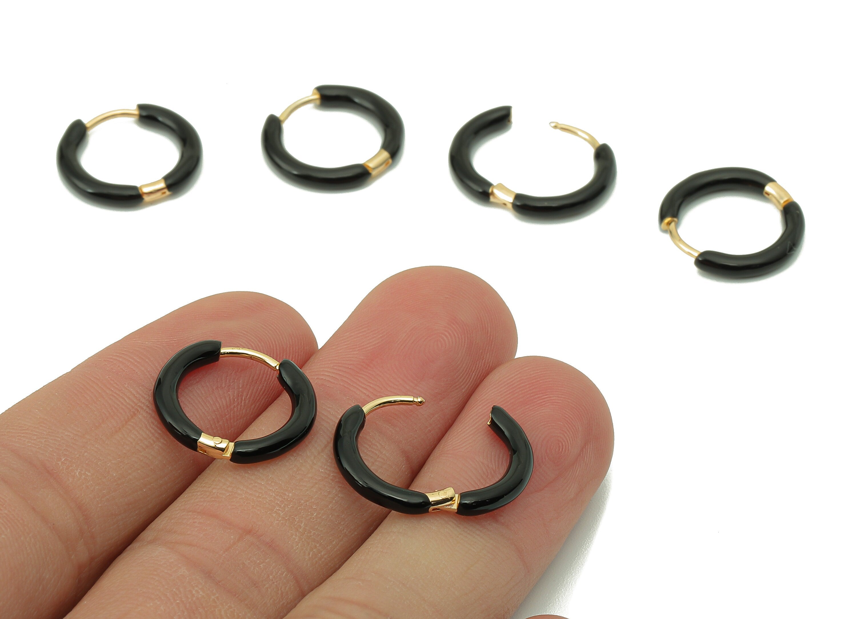 Stainless Steel Circle Earring Clasps - Mini Black Enamel Hoop Earring -Huggie Hoop Clasp -18K Real Gold Plating-16.57x15.19x2.71mm-RGP5889F - DOMEDBAZAAR